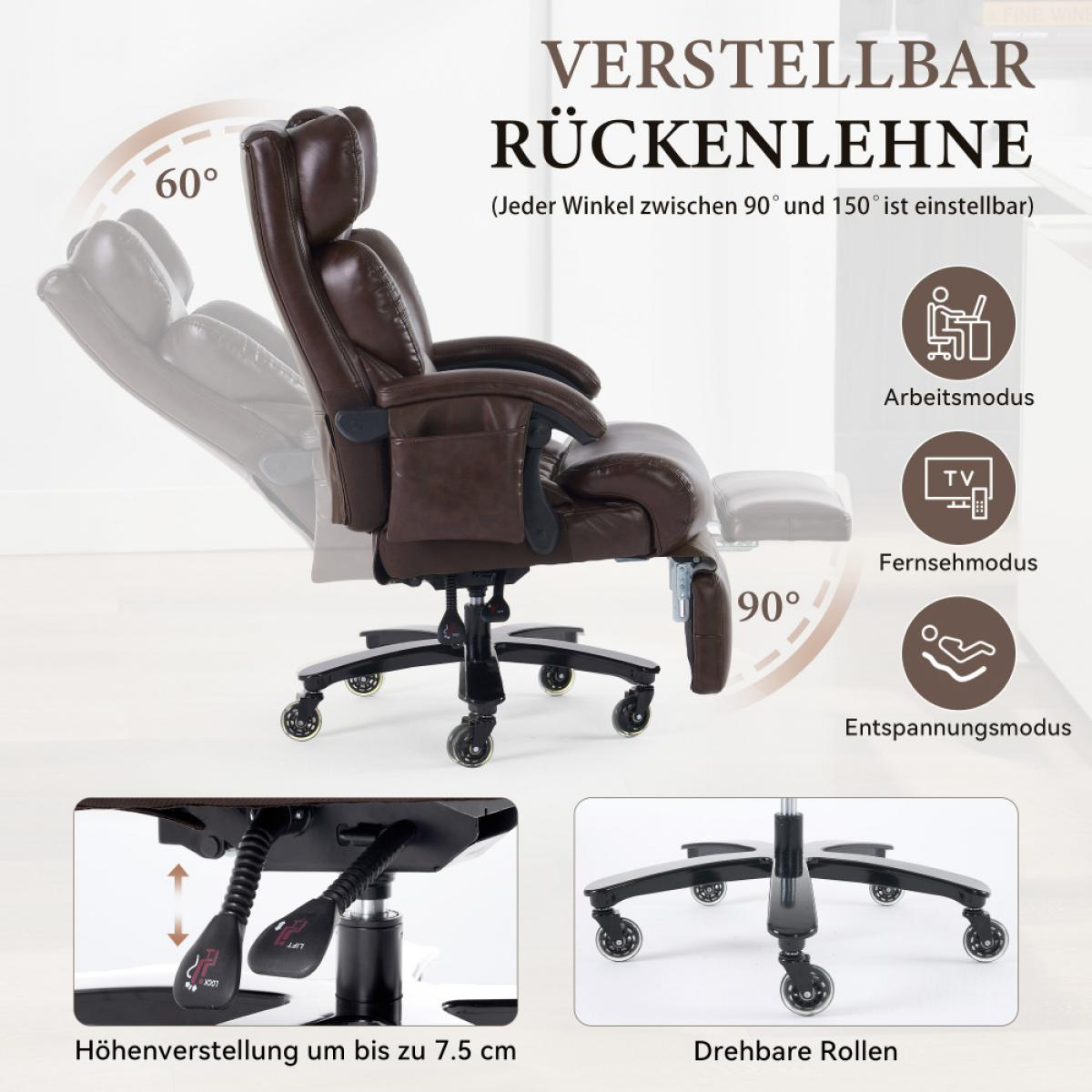 Brauner Bürostuhl mit verstellbarer Rückenlehne, Fußstütze und Rollen.