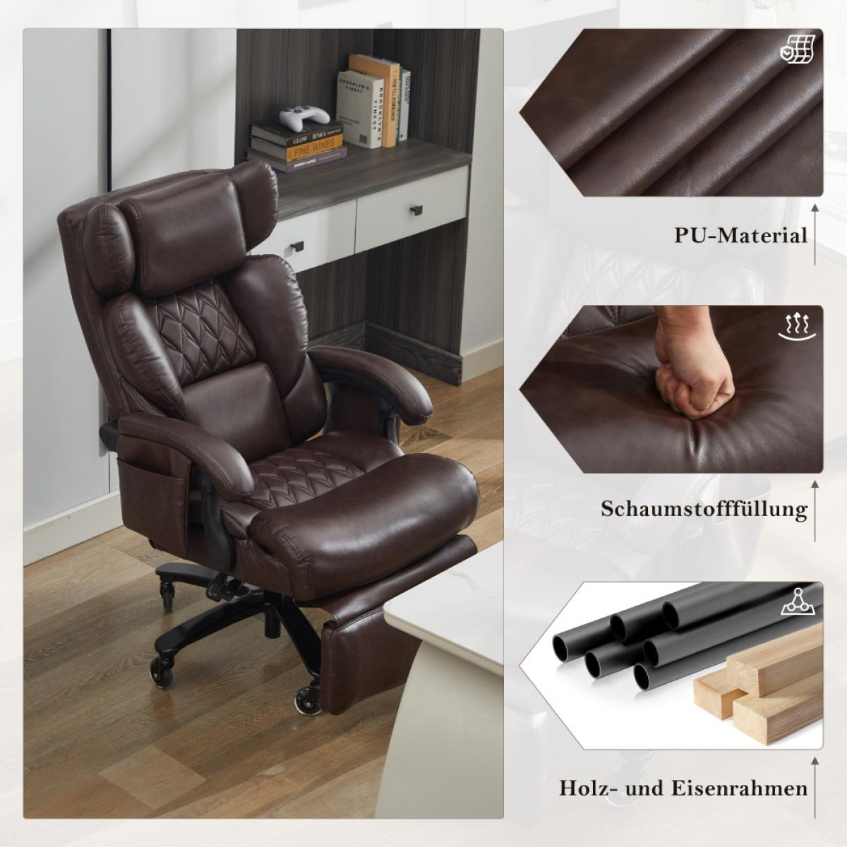 Ein brauner Ledersessel mit ausklappbarer Fußstütze und Büroschreibtisch im Hintergrund.