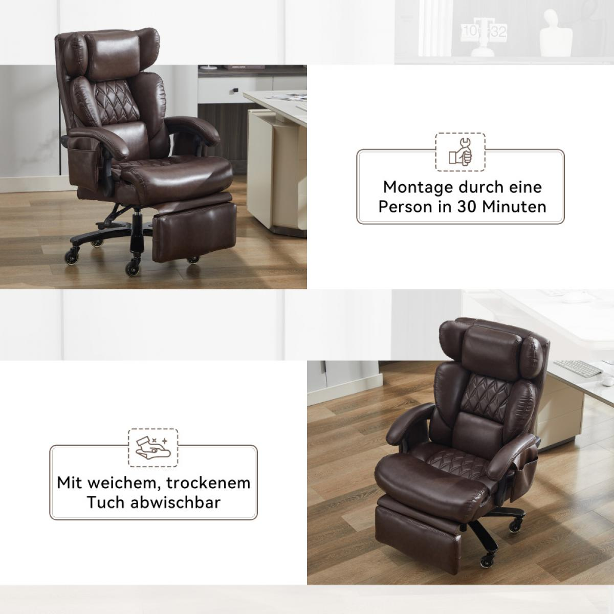 Ein brauner Bürostuhl mit ausklappbarer Fußstütze und Kopfstütze.