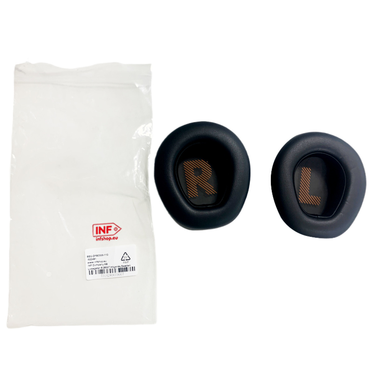 Biała torba z logo INF oraz lewe i prawe nauszniki.