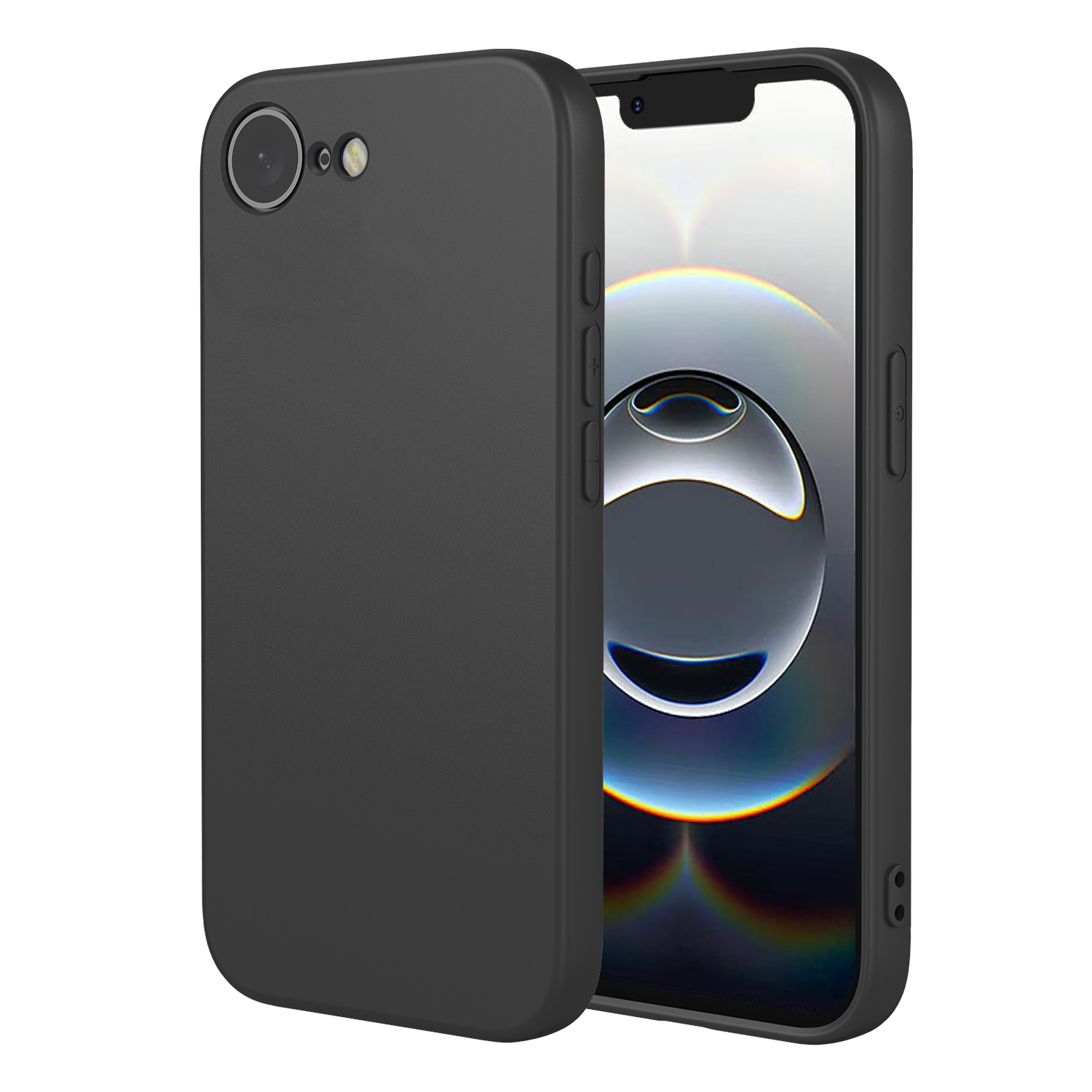Een zwarte smartphone met een zwarte beschermhoes, half open getoond.
