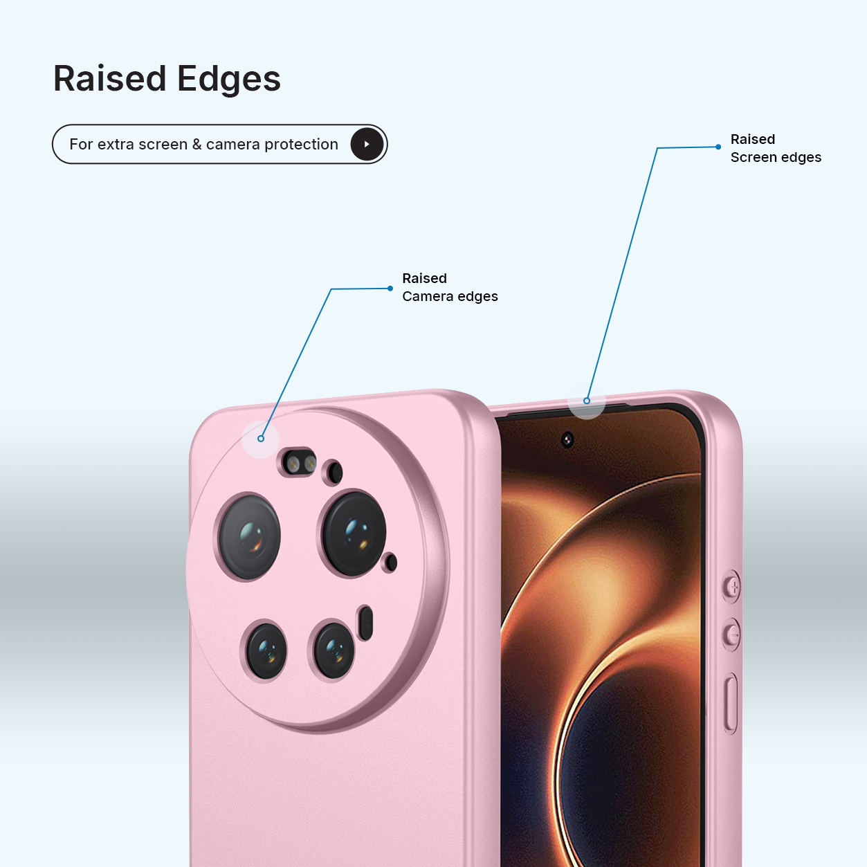 Roze telefoonhoes met verhoogde randen voor camera- en schermbescherming.