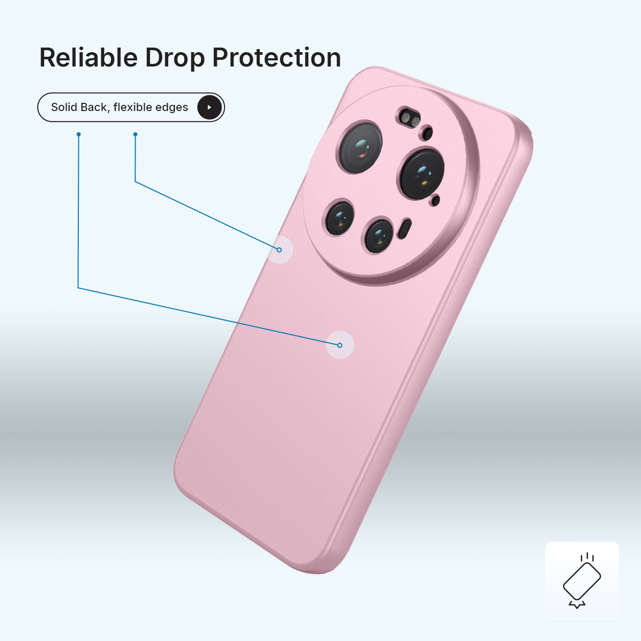 Een roze telefoonhoes met een opvallende cameraprojectie. Markeringen geven functies aan.