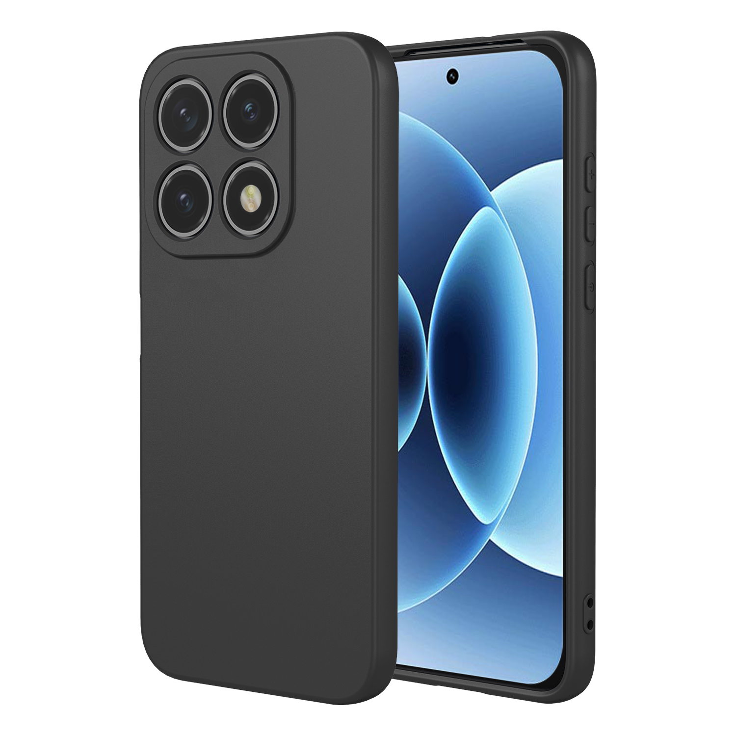 Zwarte telefoonhoes met vier cameralenzen en smartphone met blauwe achtergrond.
