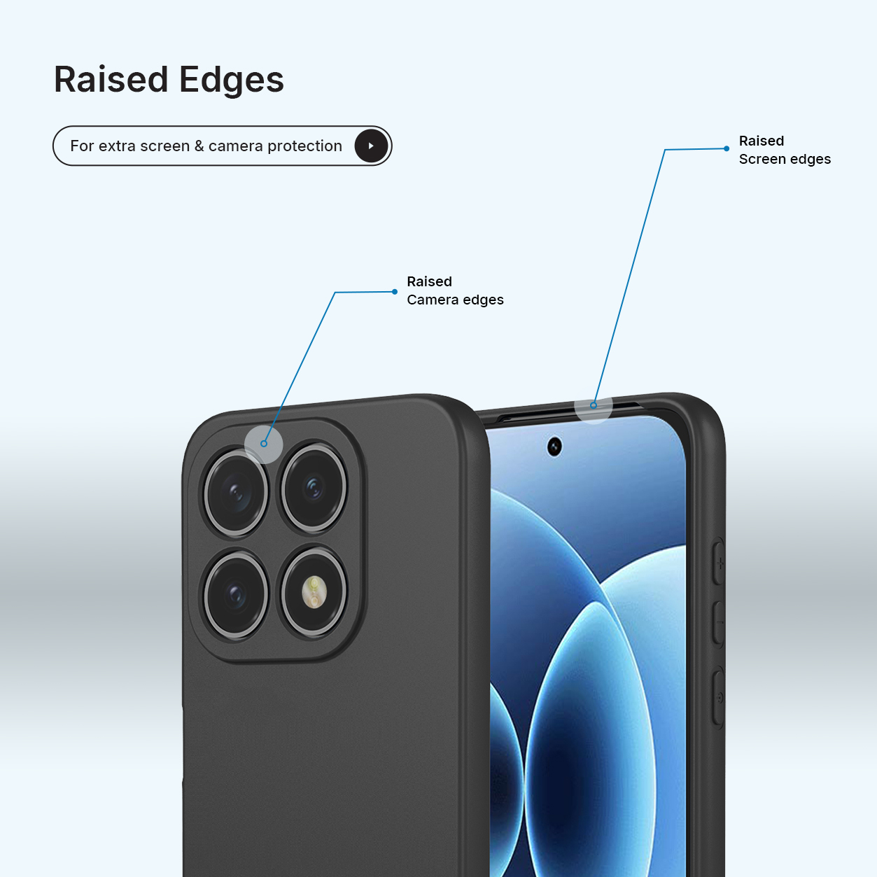 Zwarte telefoonhoes met verhoogde randen voor camera- en schermbescherming.