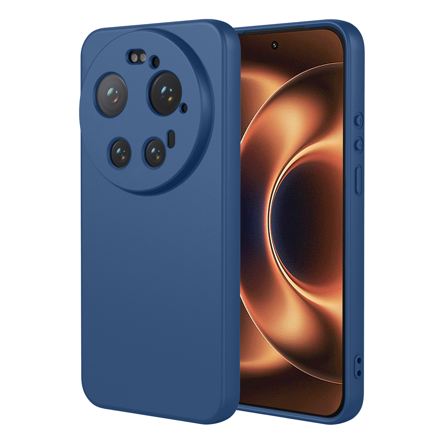 Blauw telefoonhoesje met vier camera's naast een telefoon met oranje abstract scherm.