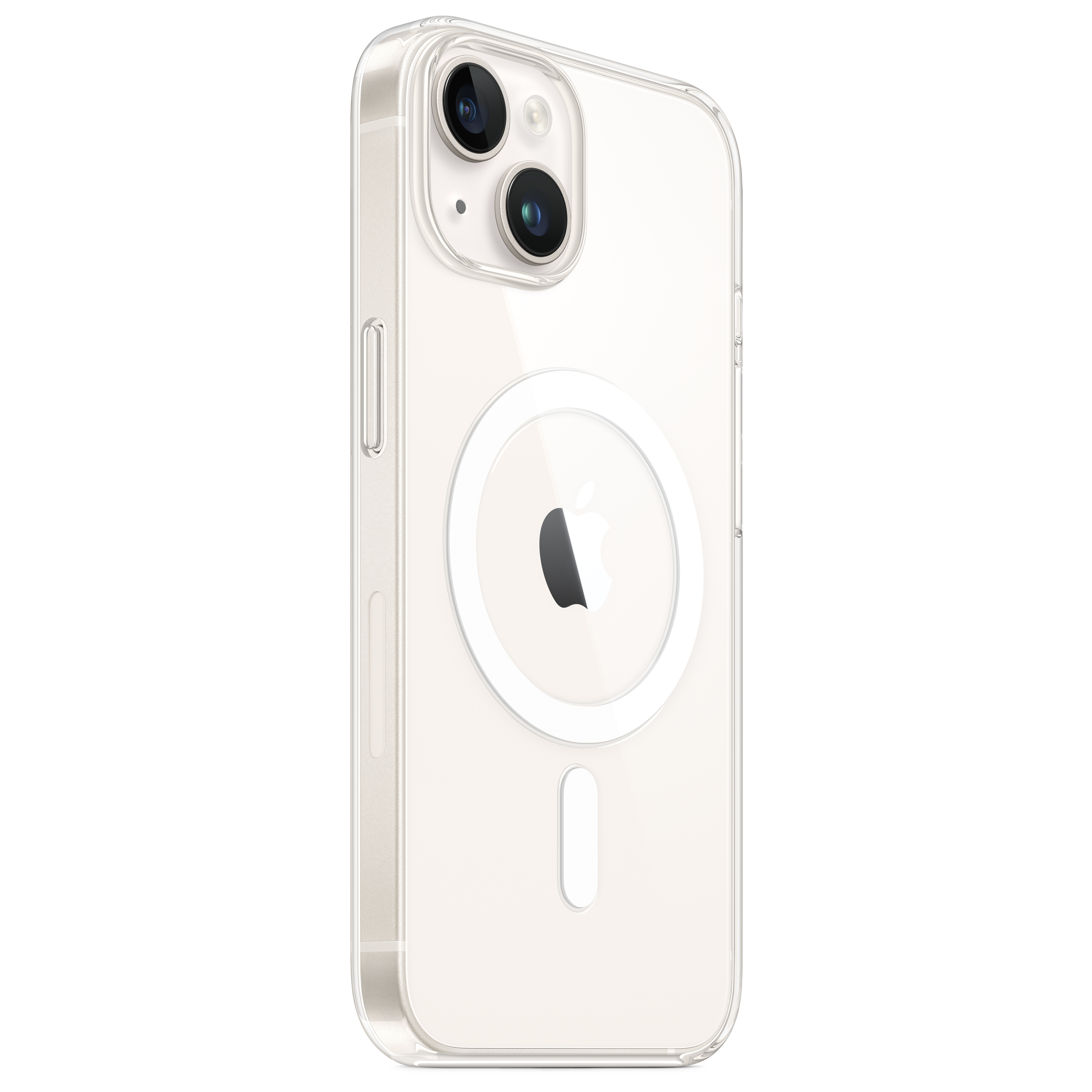 Une coque iPhone transparente avec logo Apple sur fond blanc.