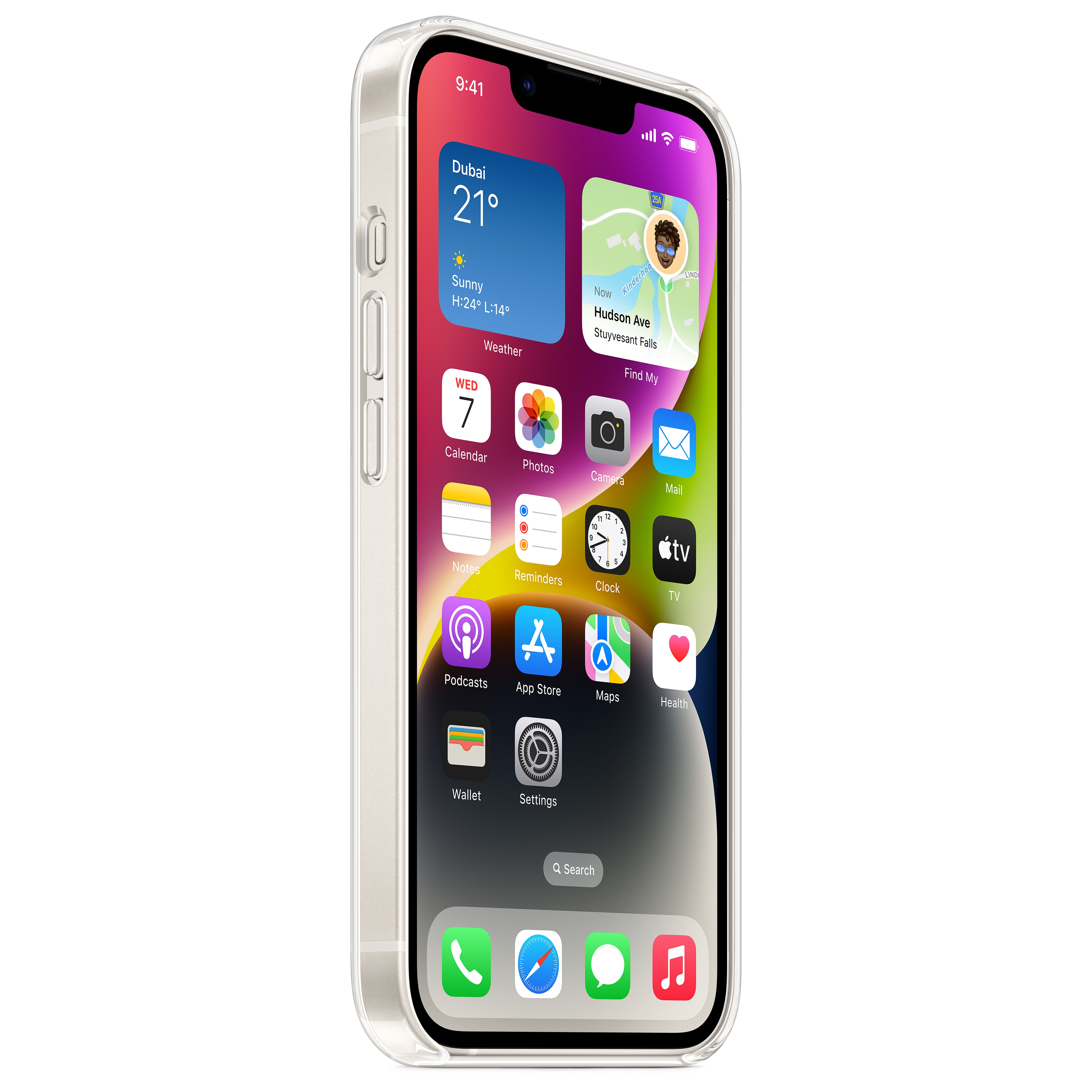 Un iPhone dans un étui transparent montrant son écran d'accueil avec des icônes météo, carte et apps.