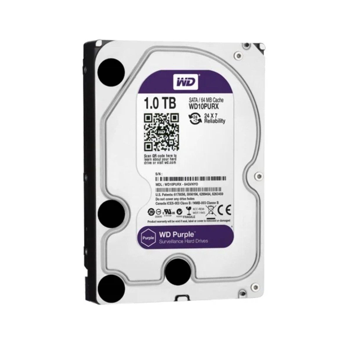 Eine silberne WD Purple 1,0 TB Festplatte mit lila Akzenten.