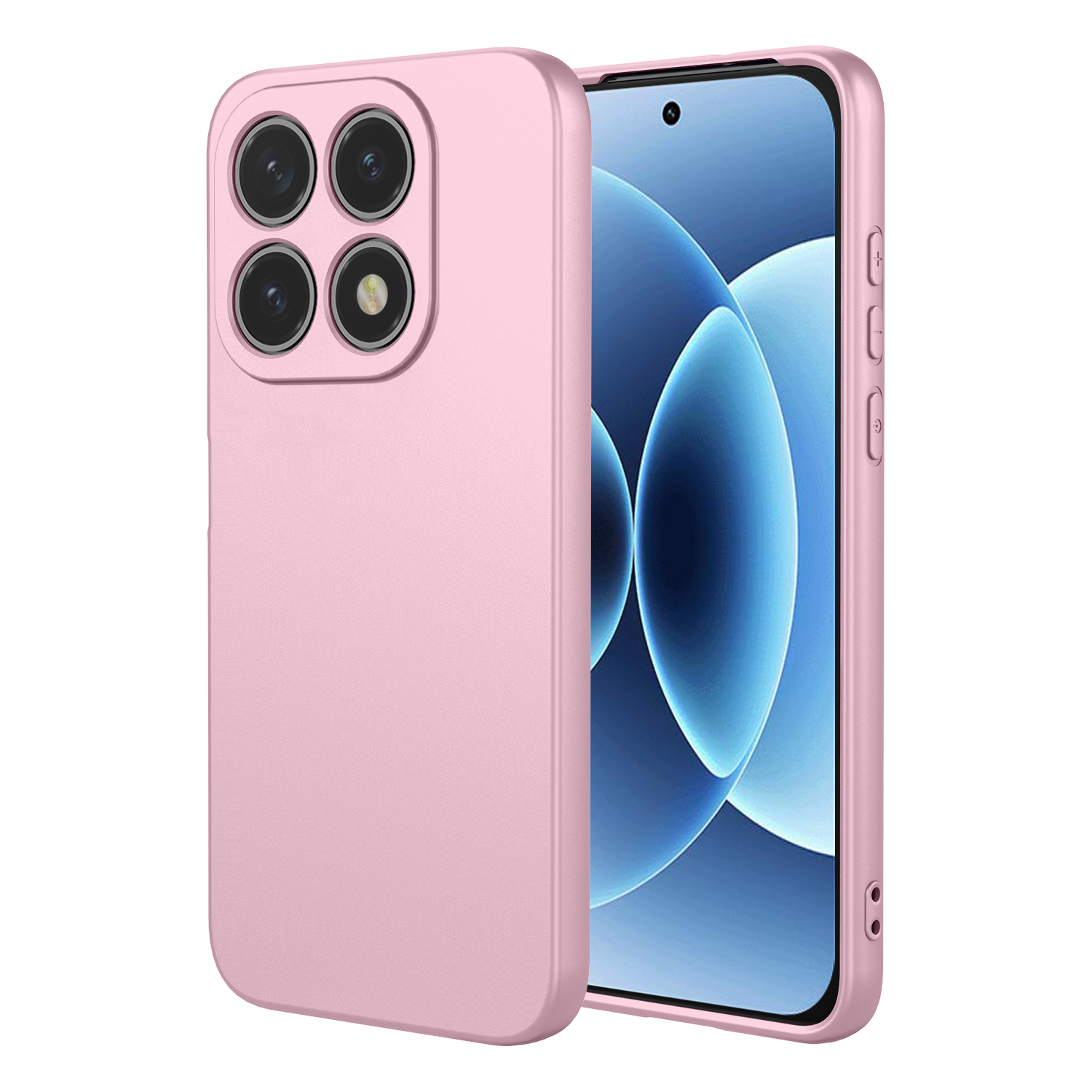 Een roze telefoonhoes met vier camera's en een telefoon.