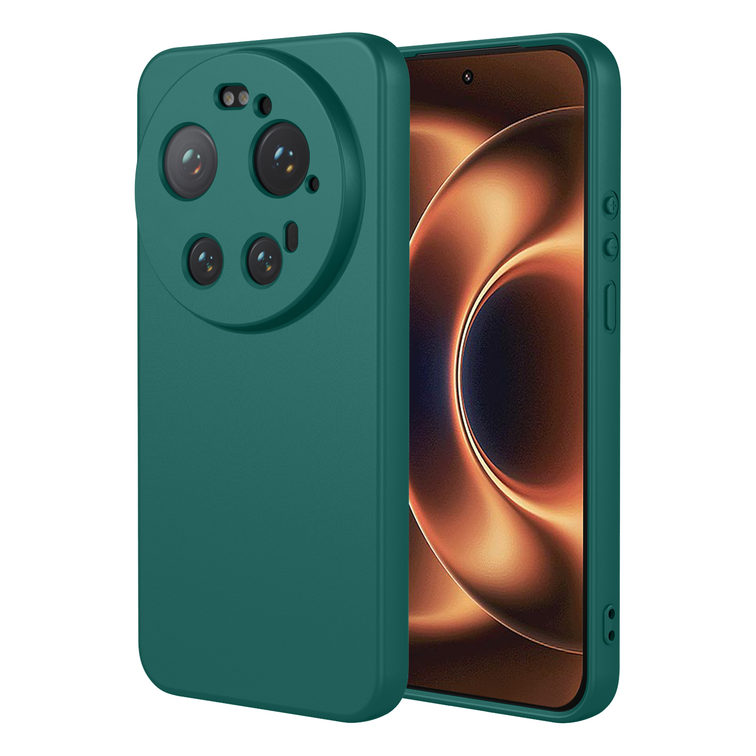 Een groene telefoon met een opvallende cameramodule en een gebogen scherm.