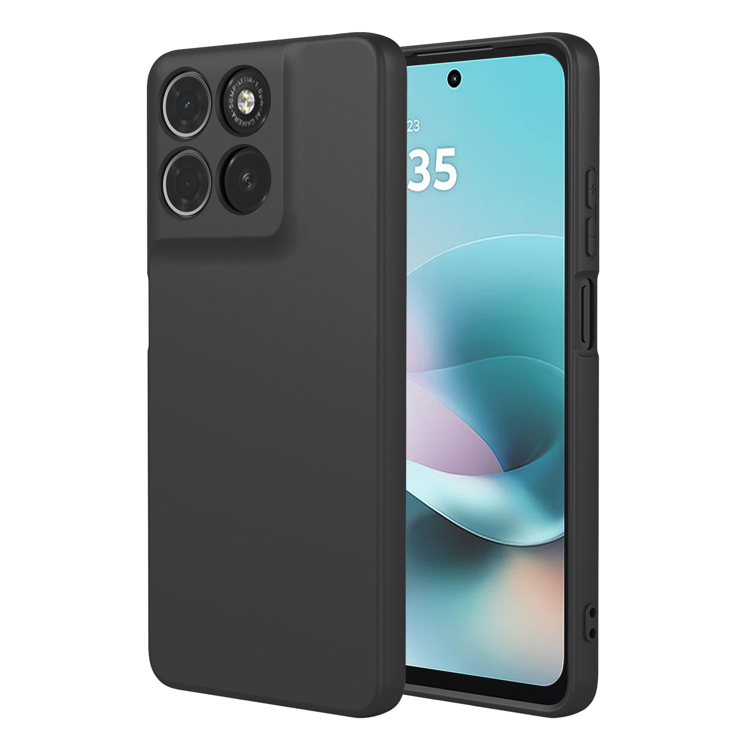 Zwarte smartphone met quad camera achterop en zijknopjes.