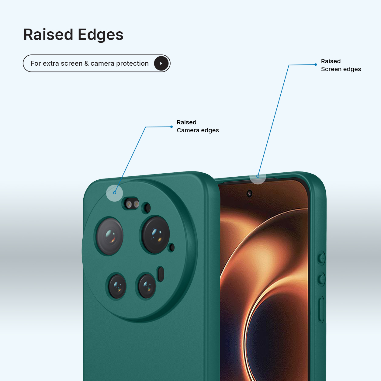 Een groene telefoonhoes met verhoogde randen voor bescherming van camera en scherm.