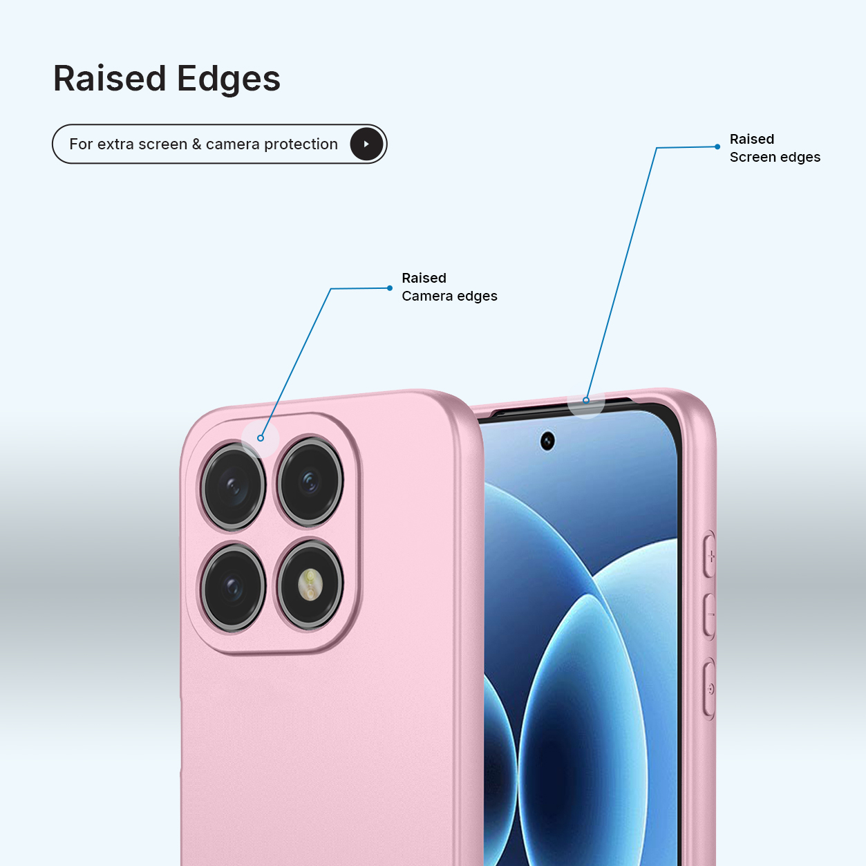 Een roze telefoonhoes met verhoogde randen voor camera- en schermbescherming.