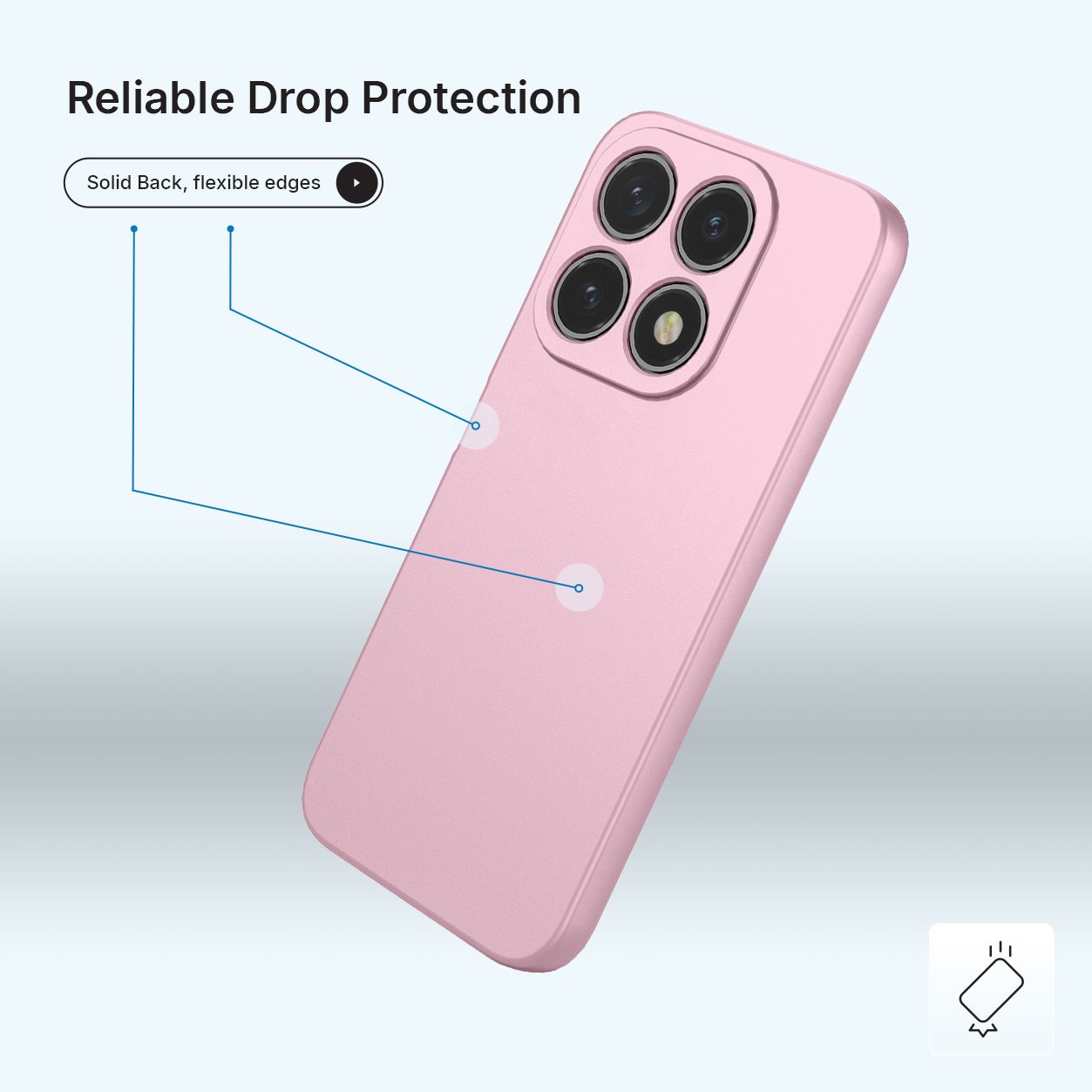 Roze telefoonhoes met vier camera's en flexibele randen.
