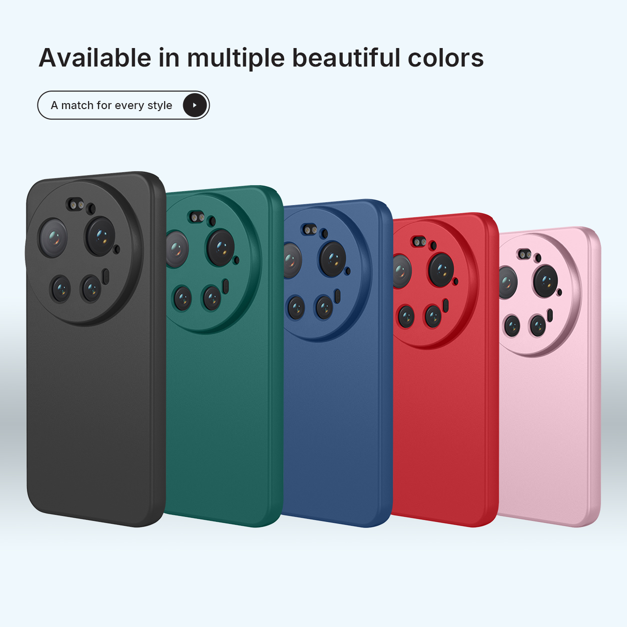 Vijf telefoonhoesjes in zwart, groen, blauw, rood en roze op een rij.