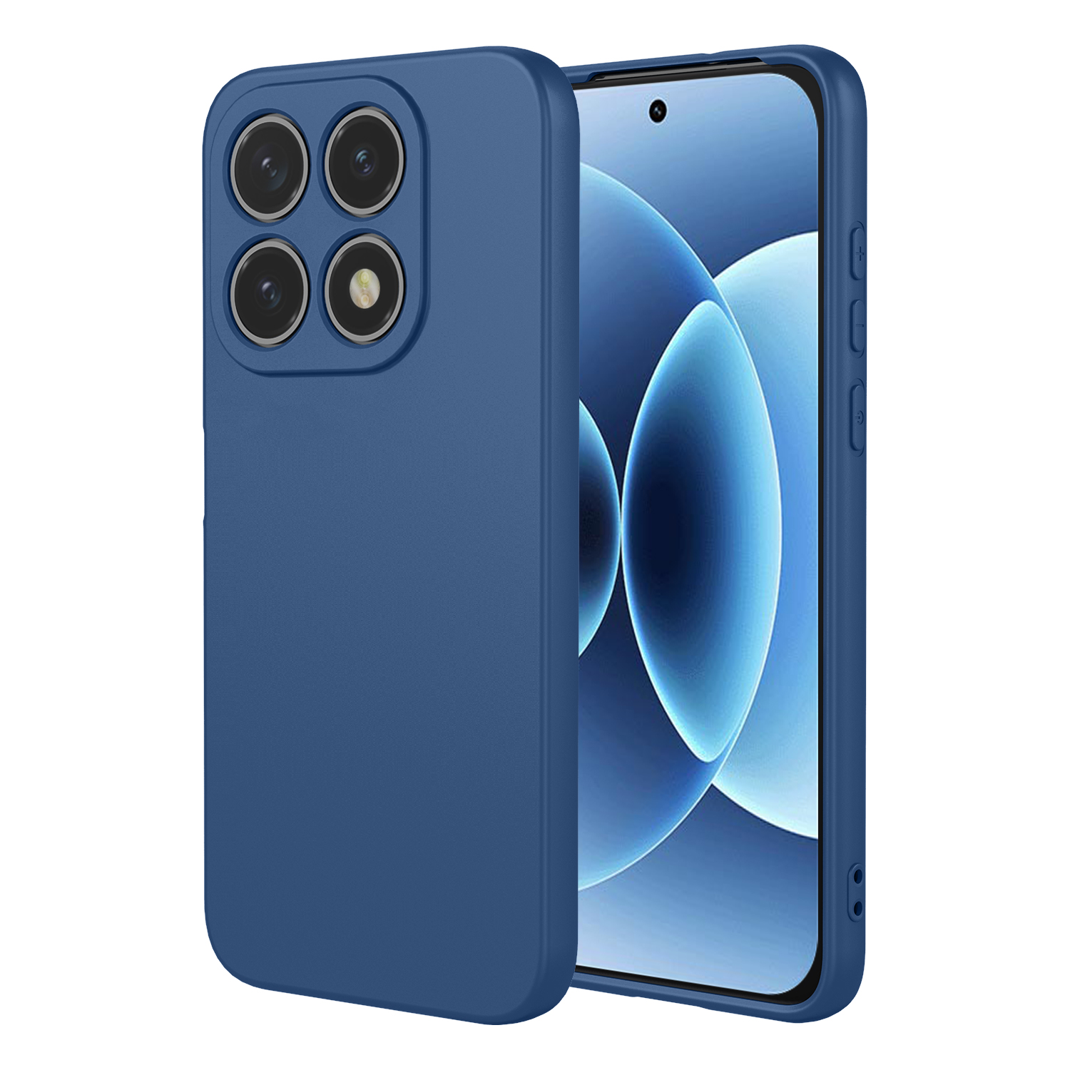 Een blauwe telefoonhoes met vier cameralenzen aan de achterkant.