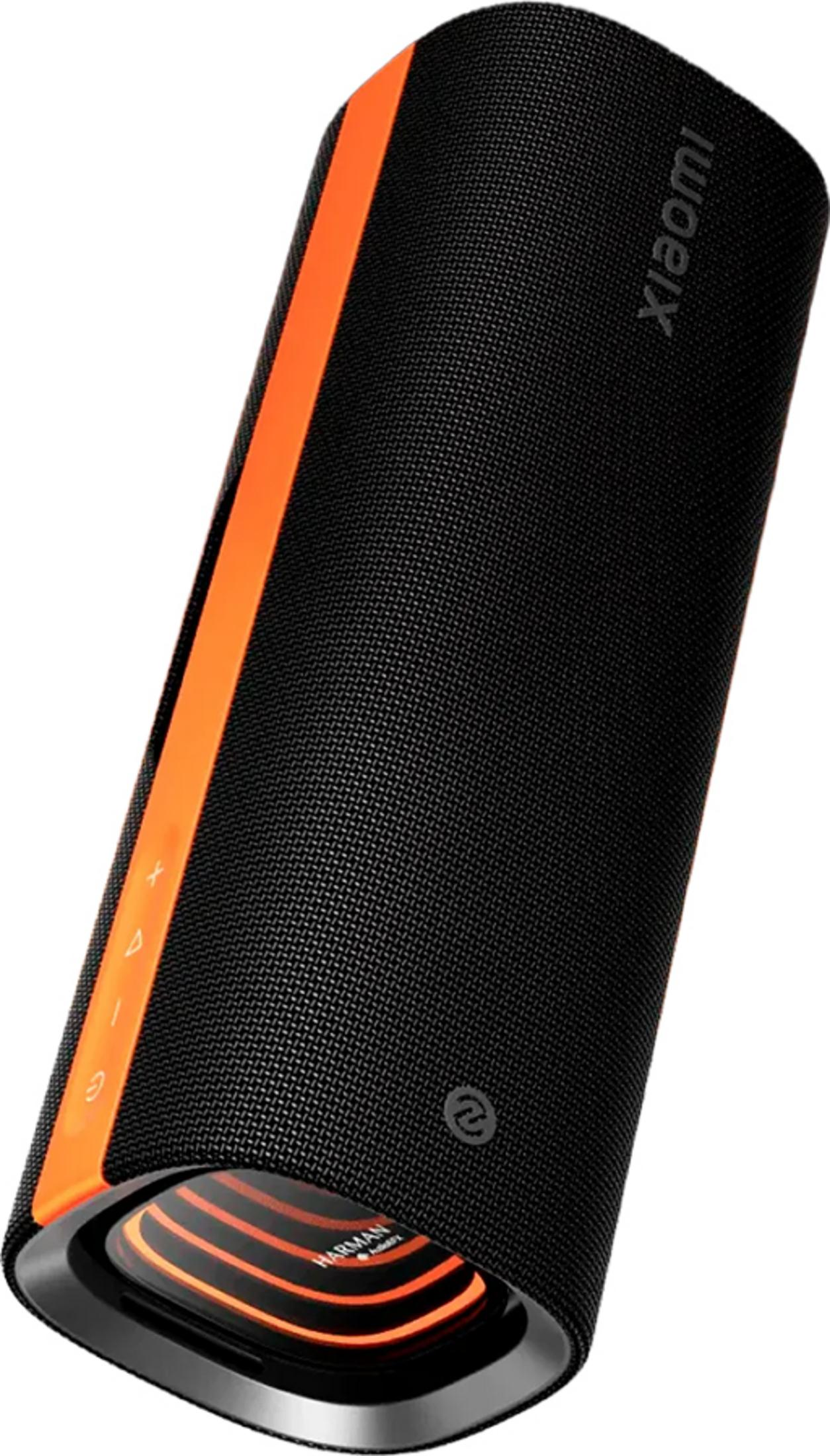 Schwarzer zylindrischer Lautsprecher mit orangefarbenem Streifen und Xiaomi-Logo.