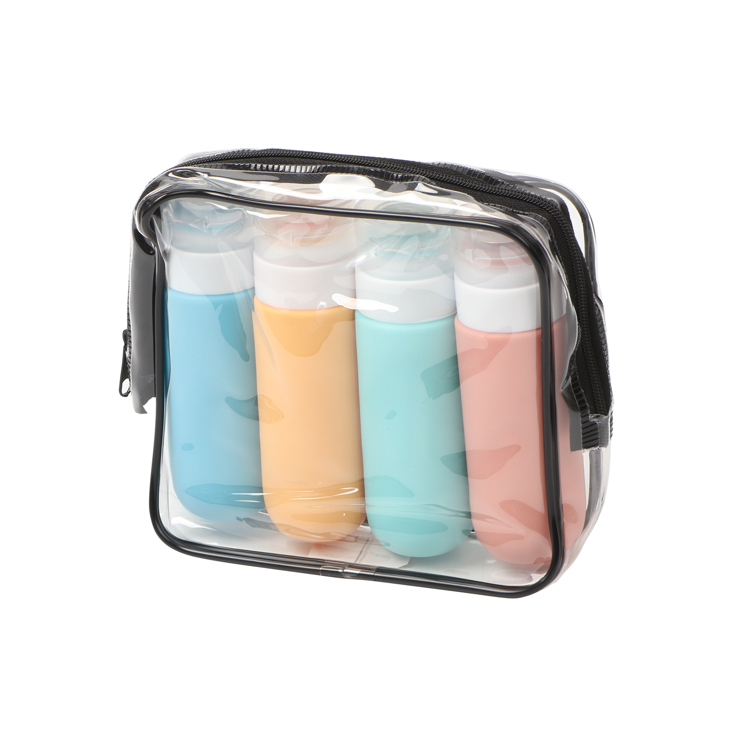 Quattro bottiglie da viaggio colorate in una pochette trasparente.