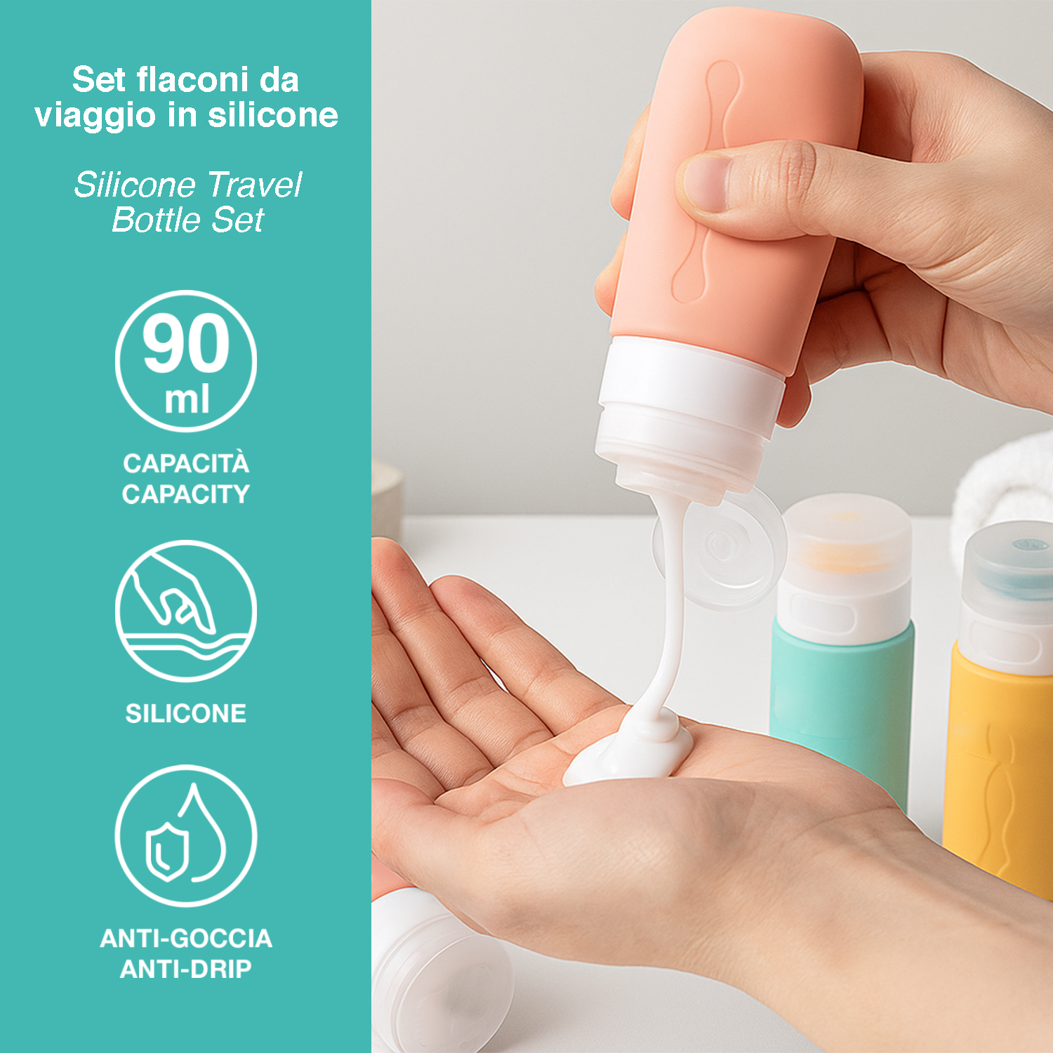 Una mano preme un flacone da viaggio in silicone rosa mentre un'altra mano raccoglie il liquido.