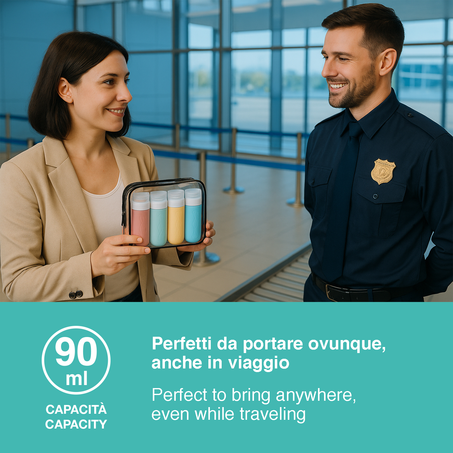 Una donna mostra un beauty case con quattro piccole bottiglie a un addetto alla sicurezza in aeroporto.