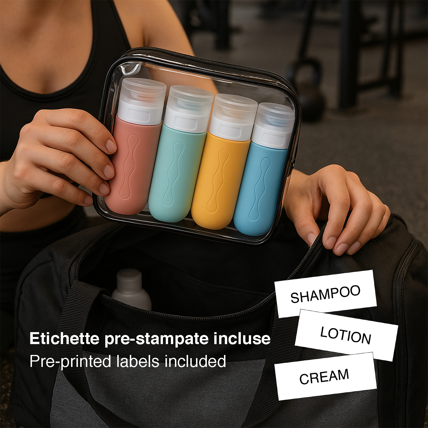 Quattro flaconi da viaggio colorati in una borsa trasparente, sopra una borsa da palestra.
