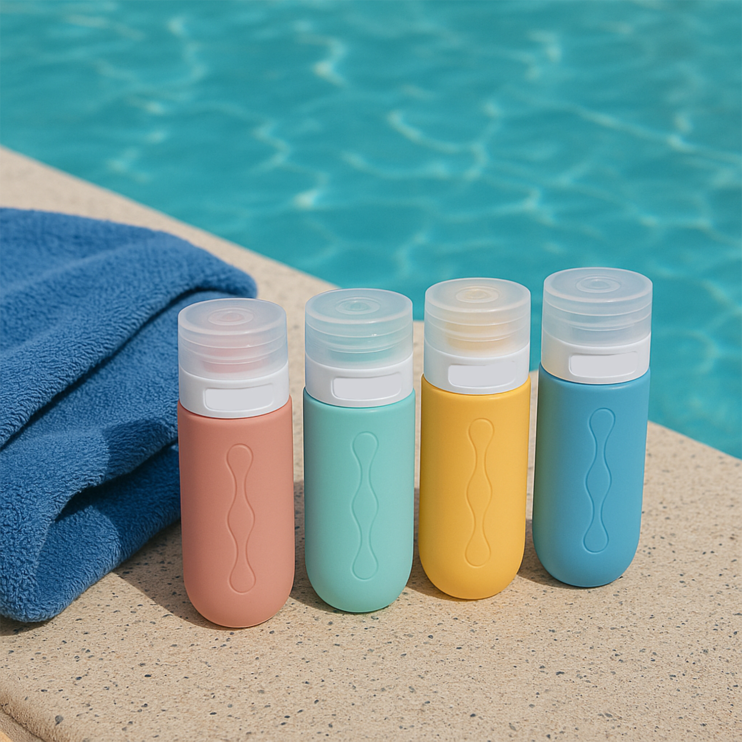 Quattro bottiglie da viaggio colorate giacciono accanto a un asciugamano blu in piscina.