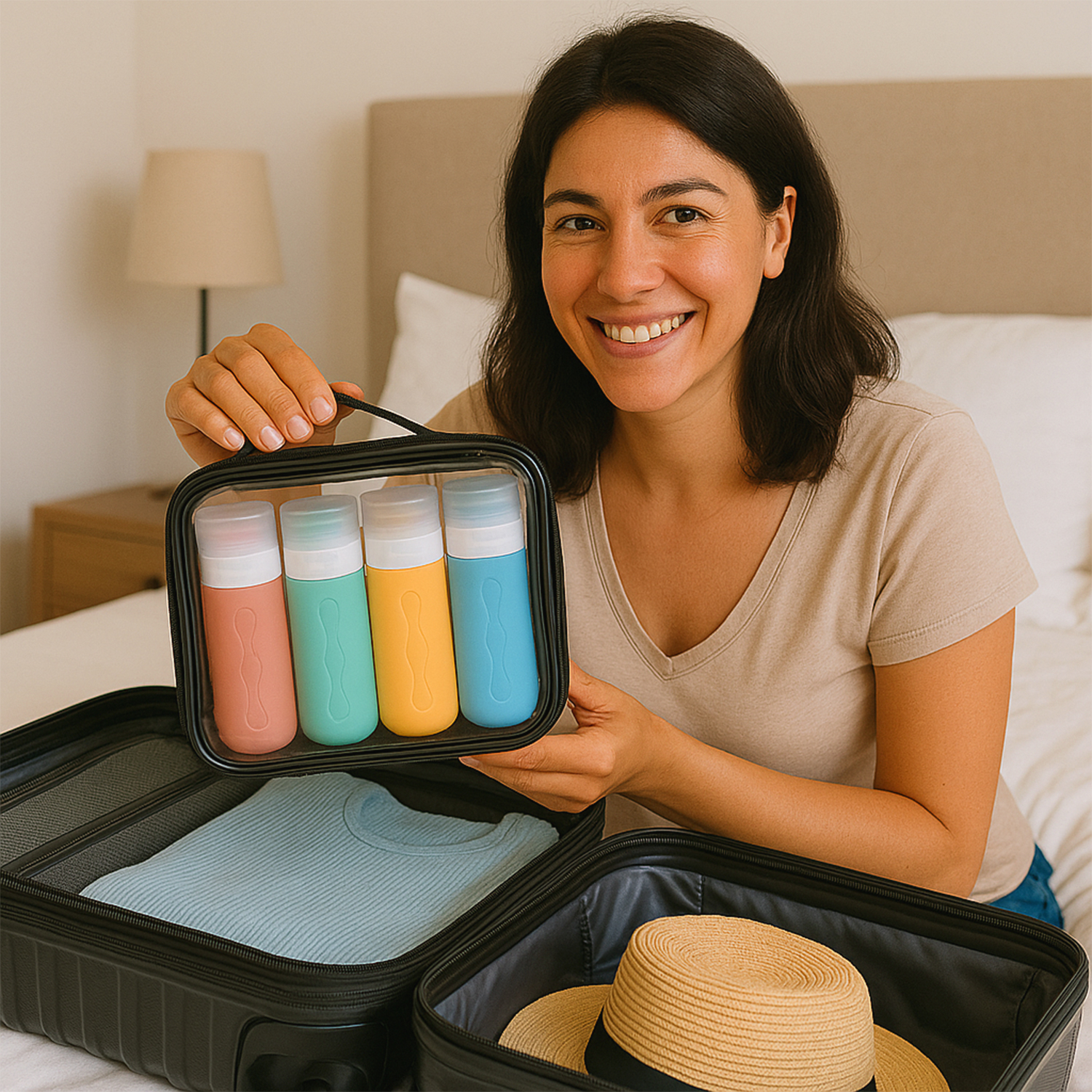 Donna che mette bottiglie da viaggio in una valigia con vestiti e cappello.