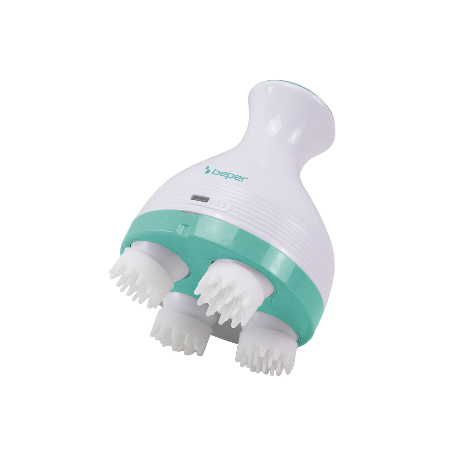 Un massaggiatore elettrico bianco e turchese con porta USB.