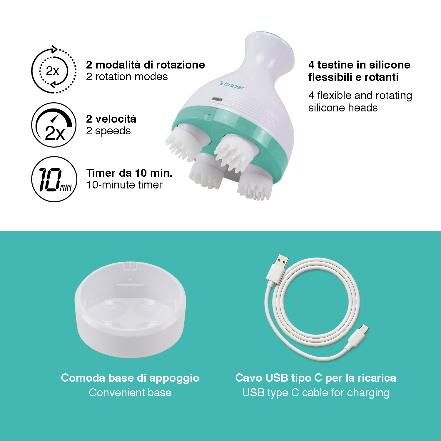 Dispositivo massaggiante con 4 testine in silicone, base di ricarica e cavo USB-C.