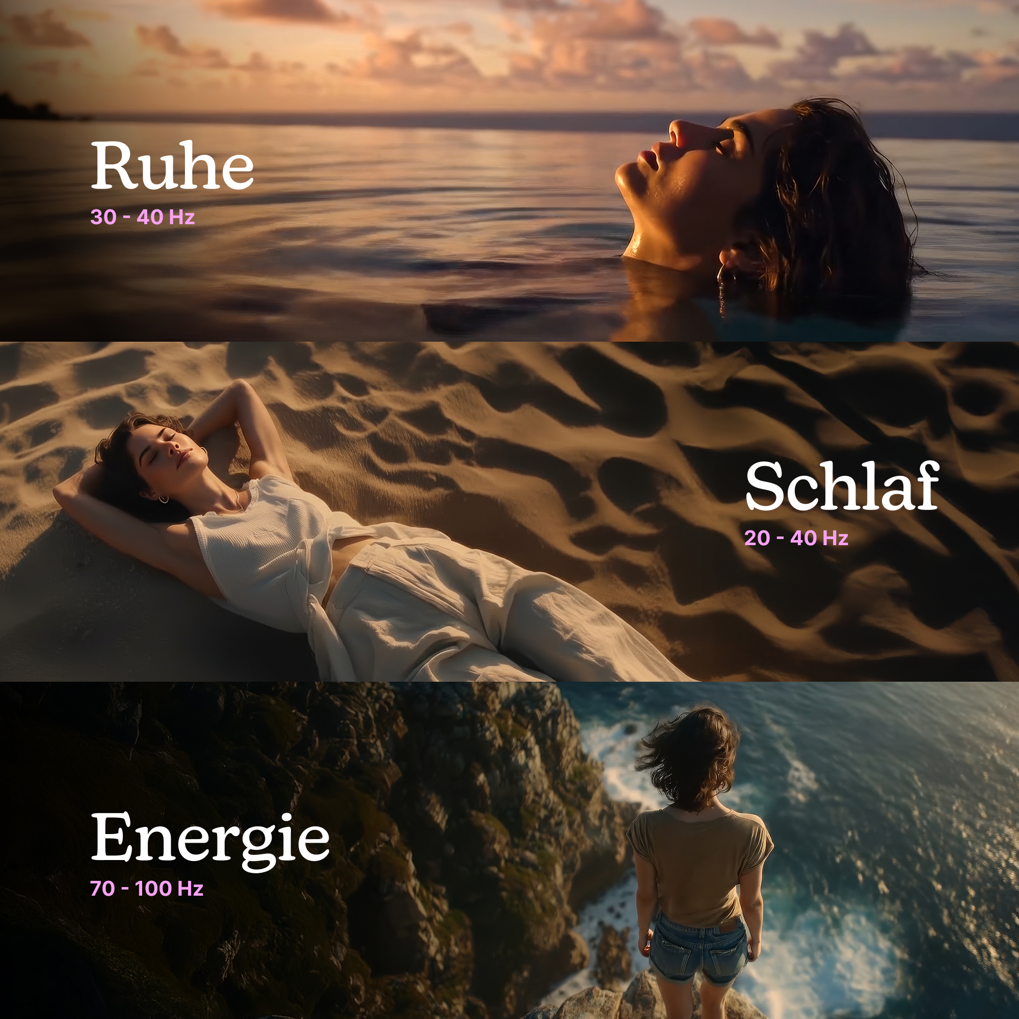 Drei Szenen: Frau im Wasser, Frau am Strand, Frau am Felsen.