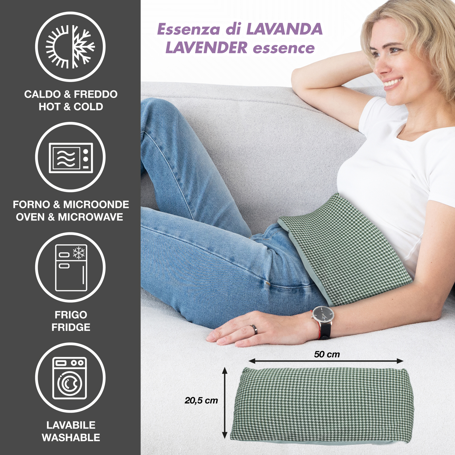 Borsa acqua calda verde e bianca profumo lavanda su divano, 50x20,5cm.