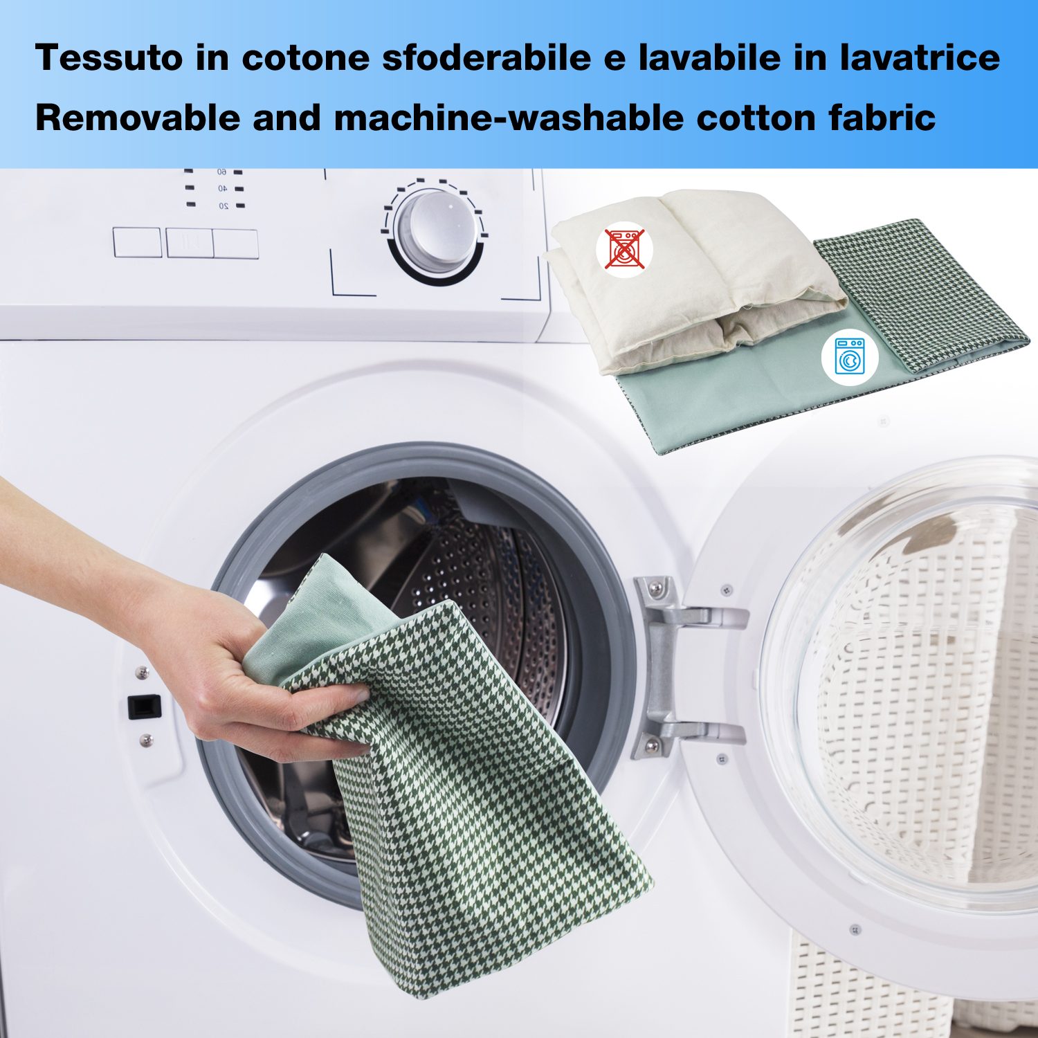 Mano mostra tessuto con motivo davanti lavatrice. Tessuto lavabile.