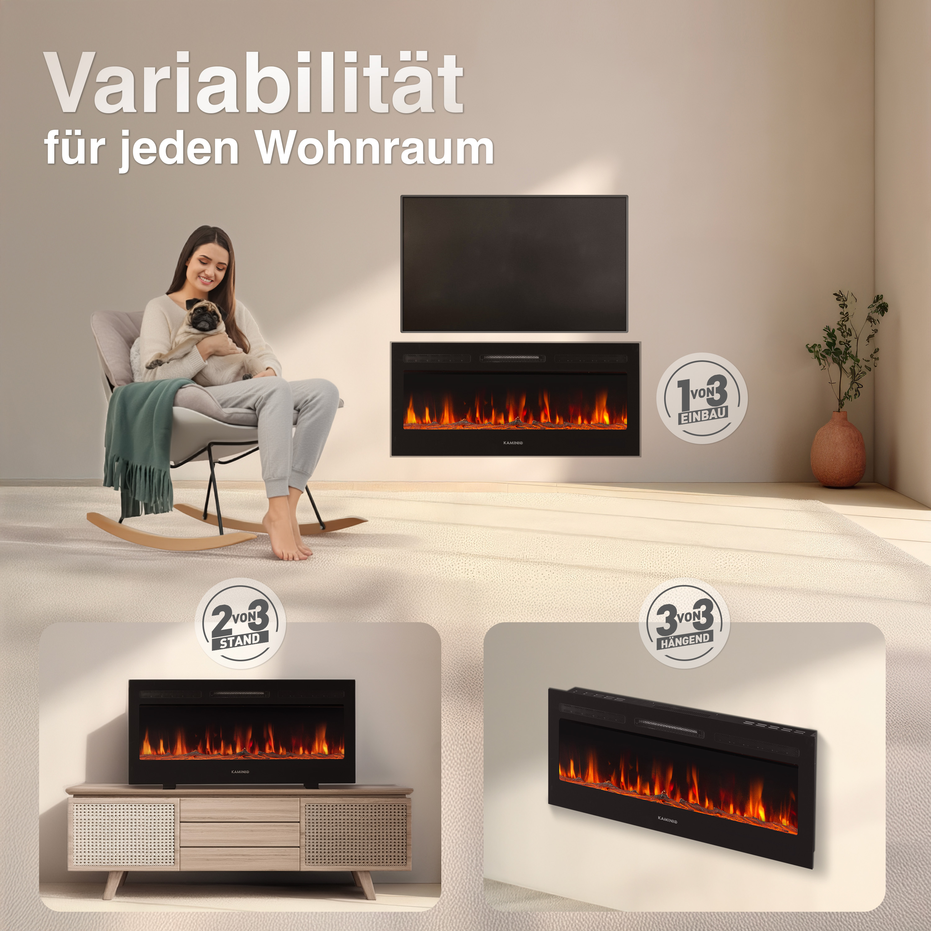Ein Wohnzimmer mit drei Kamini-Elektrokaminen: eingebaut, stehend, hängend.
