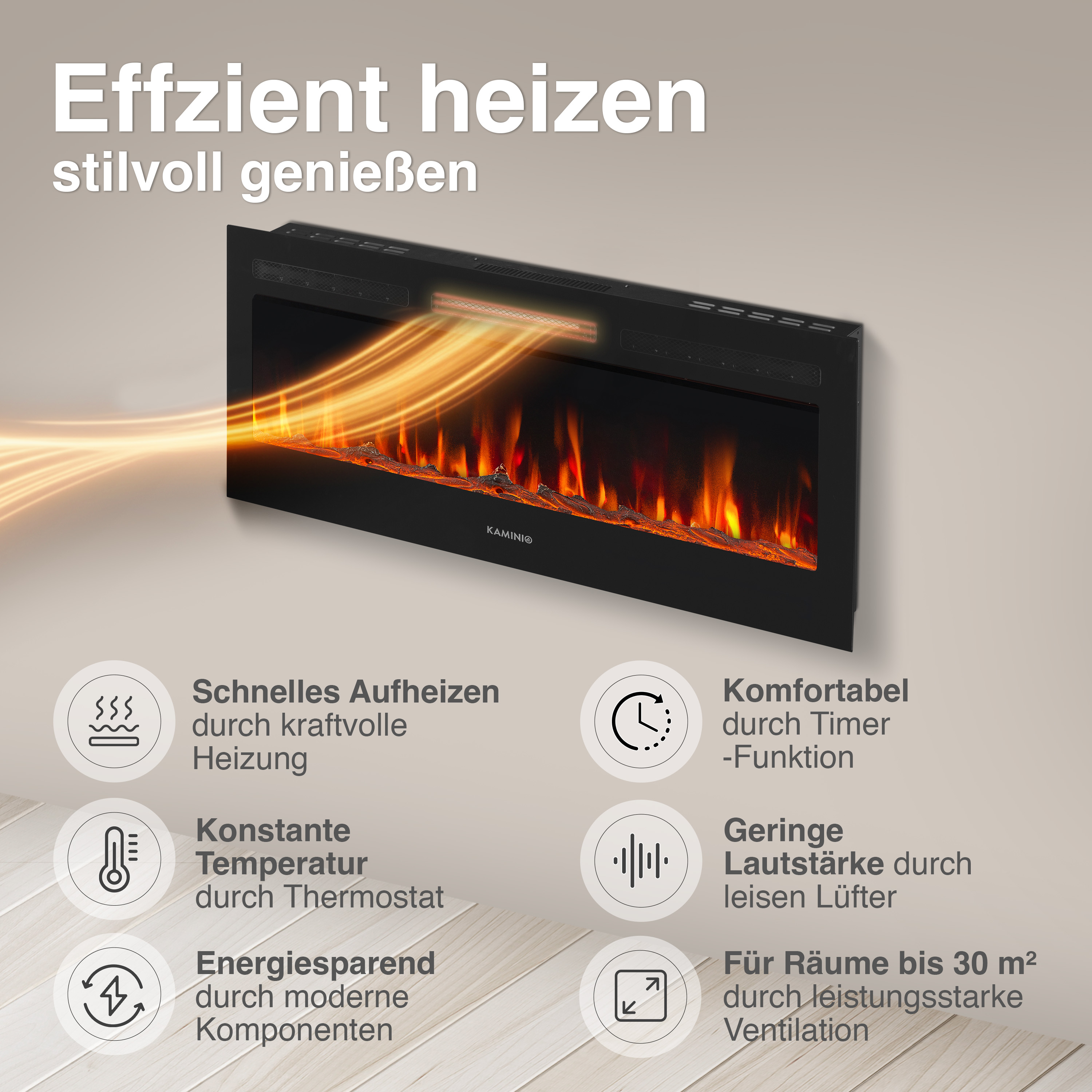 Moderner Kaminiokamin mit Flammen- und Heizfunktion. Features aufgelistet.