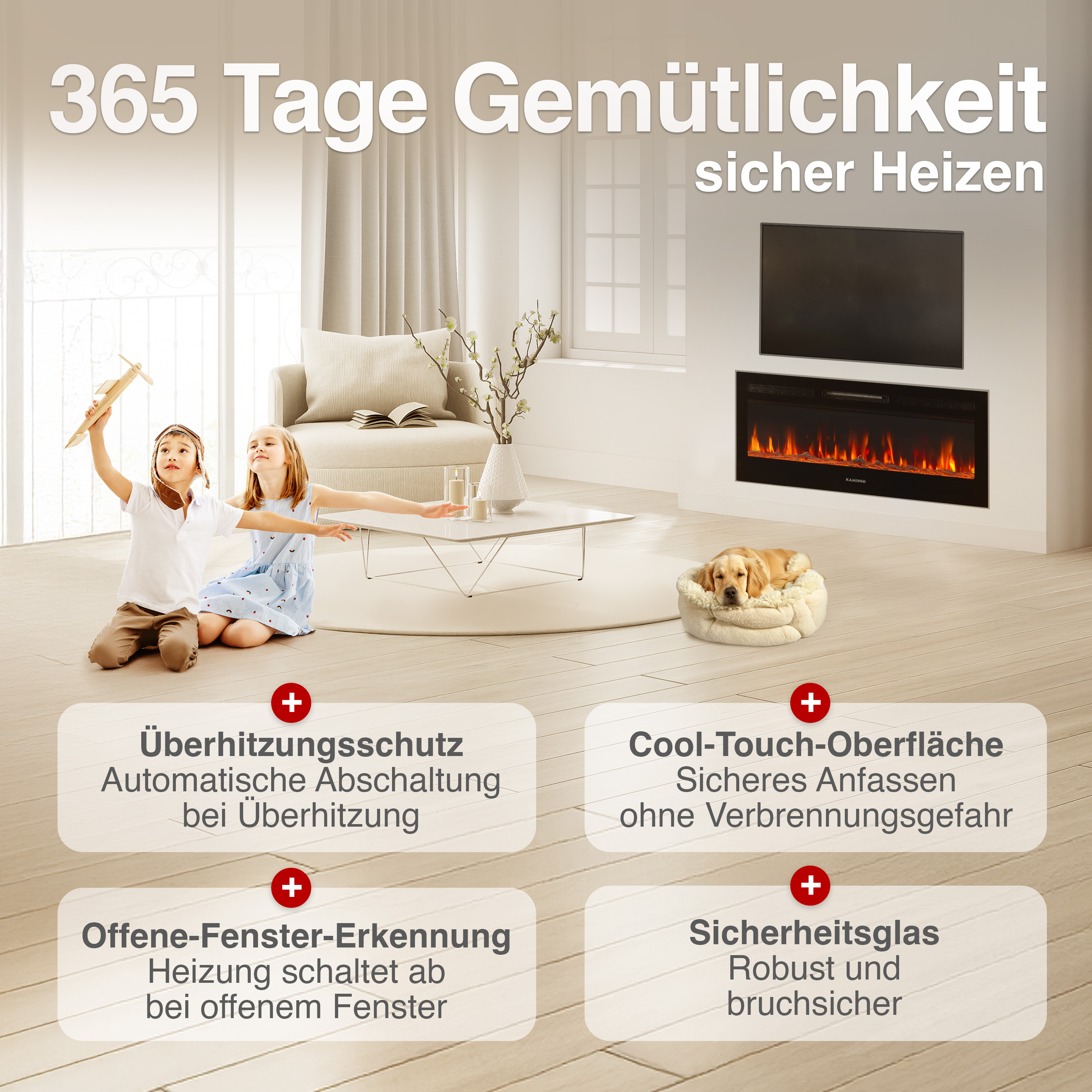 Kinder spielen mit Flugzeug, Hund im Körbchen, Kamin mit Flammen, Couch.