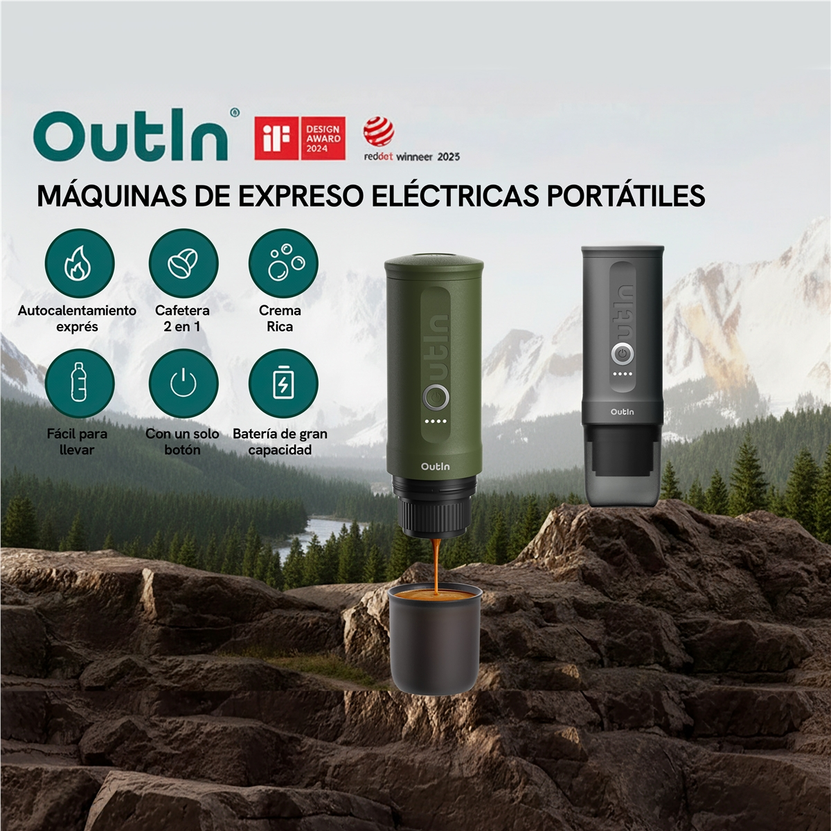 Dos cafeteras Outln en paisaje montañoso. Una prepara café en una taza.