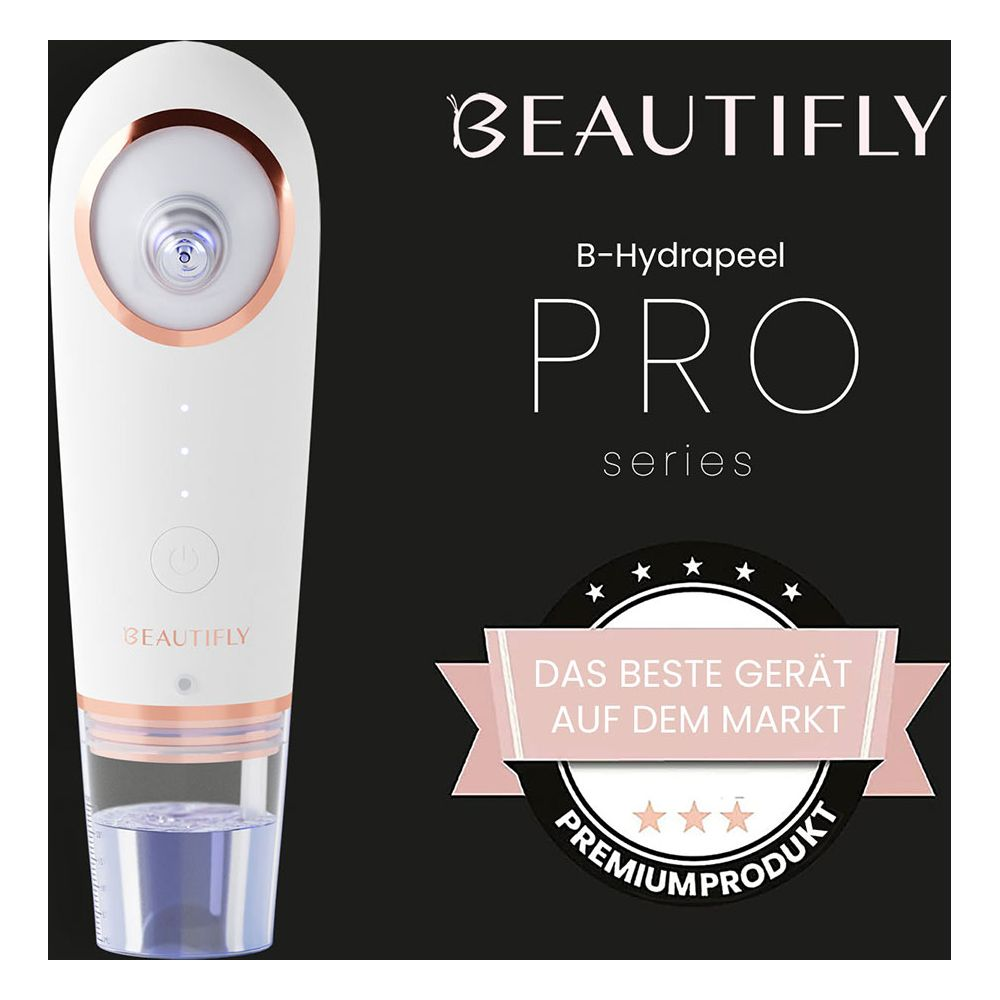 Białe urządzenie Beautify B-Hydrapeel PRO z niebieskim serum i pieczęcią.