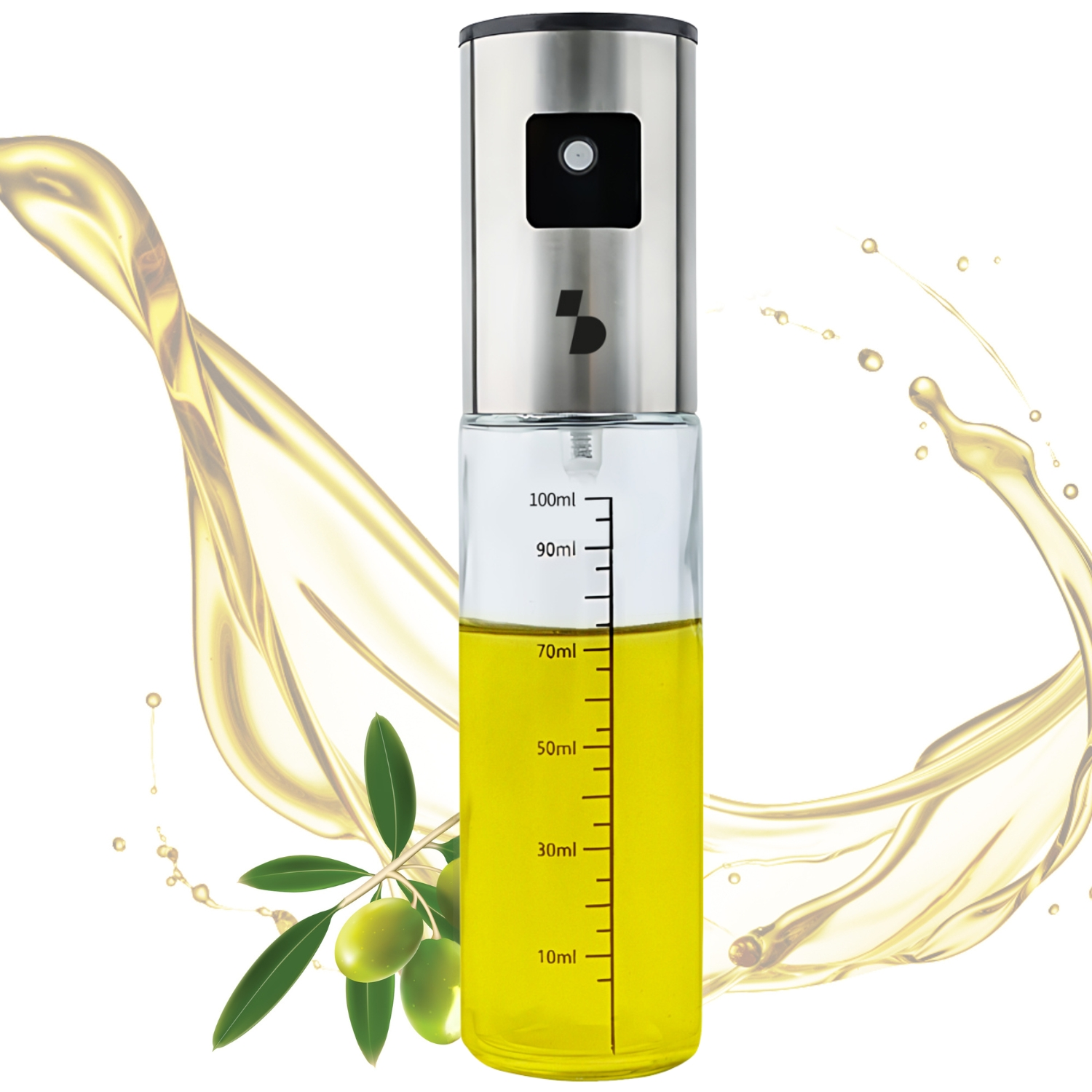 Olio premium in flacone spray con ramo d'ulivo e schizzi d'olio.