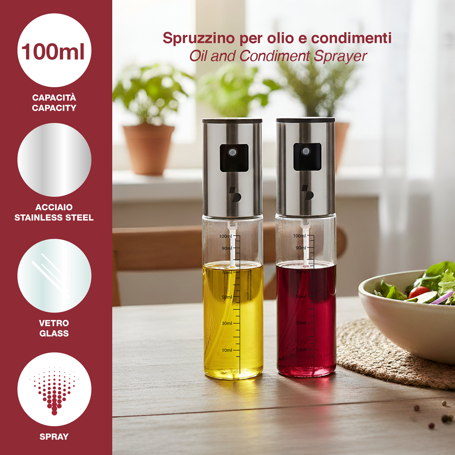 Due spruzzini in vetro con coperchi in acciaio inossidabile, uno con olio giallo, l'altro con liquido rosso.