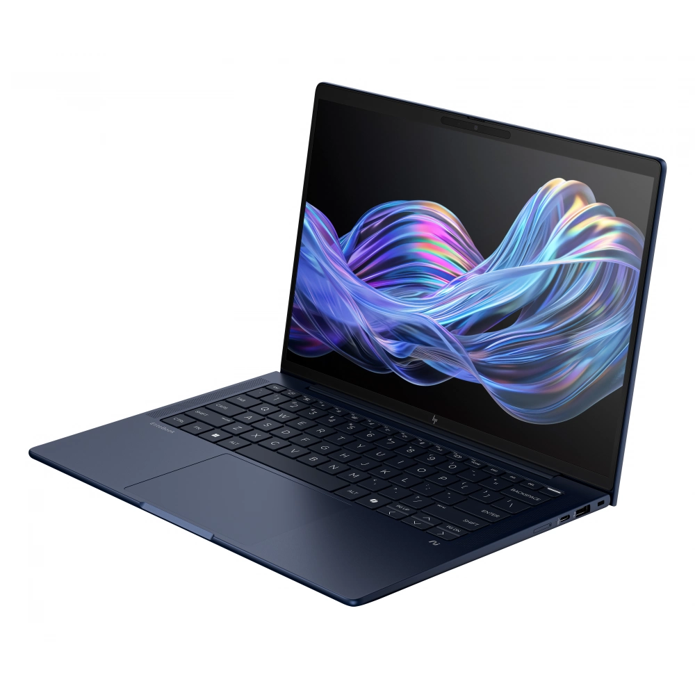 Koyu mavi bir HP Spectre x360 dizüstü bilgisayar açık, ekranında renkli soyut bir duvar kağıdı gösteriyor.