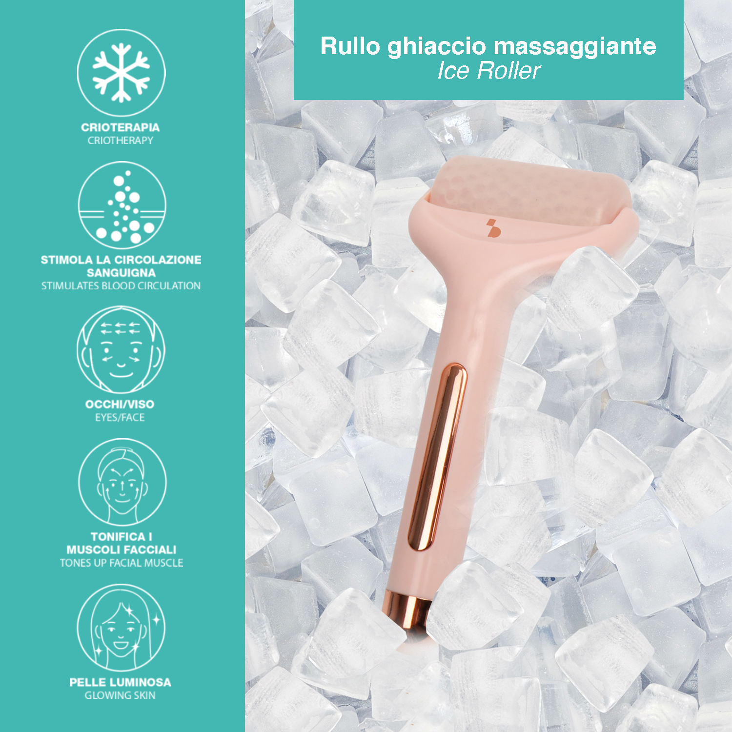 Un rullo di ghiaccio rosa per massaggio poggia su cubetti di ghiaccio.
