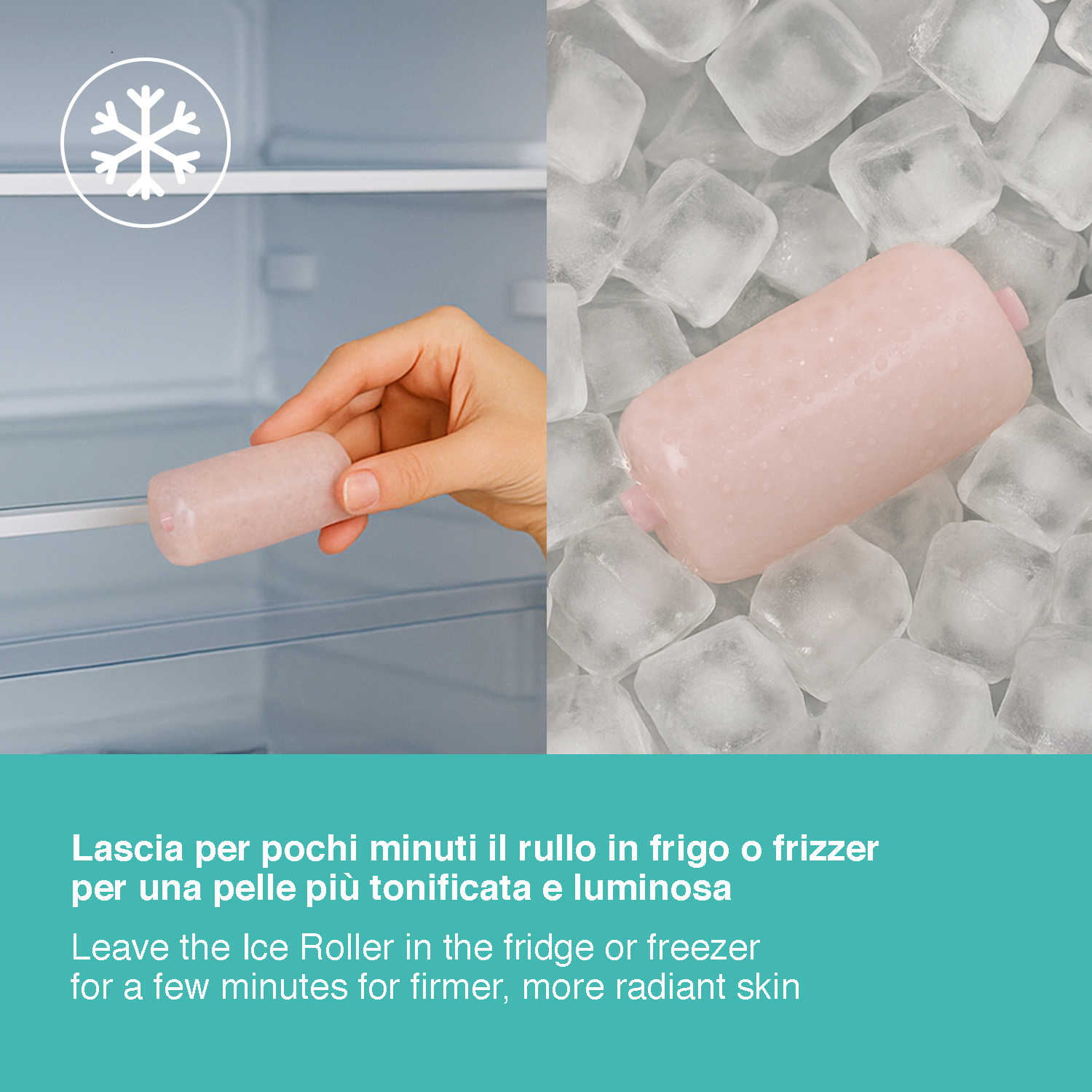 Un rullo di ghiaccio rosa è posto in un congelatore tra i cubetti di ghiaccio.