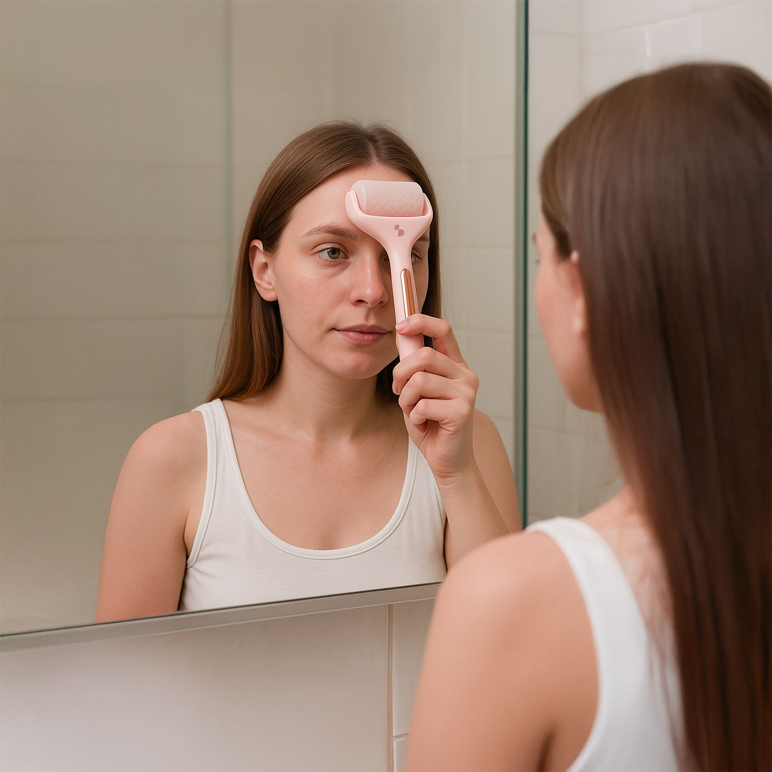 Una donna usa un rullo per il viso rosa davanti a uno specchio in bagno.