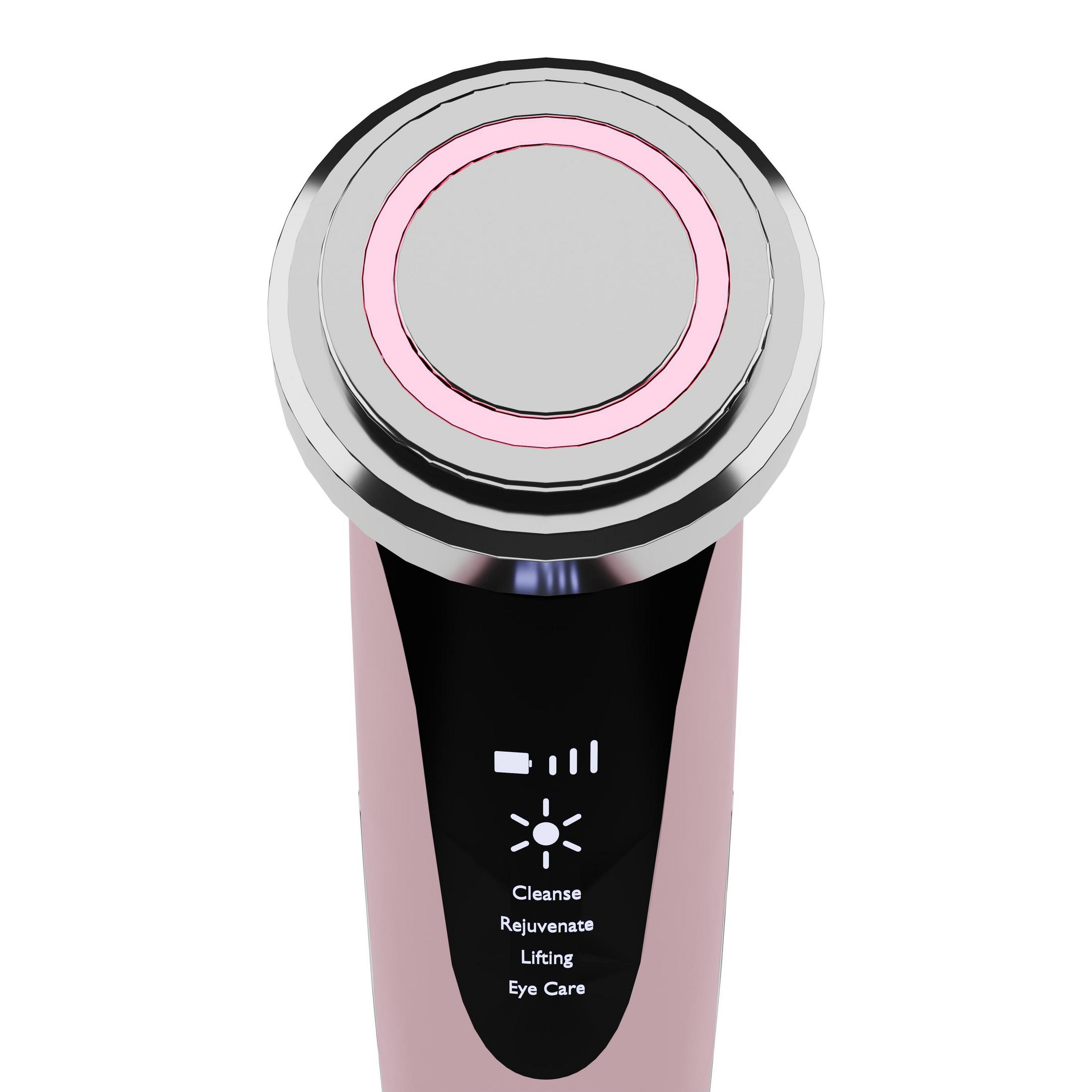 Różowe urządzenie do pielęgnacji skóry ze srebrną głowicą i podświetlanym wyświetlaczem.