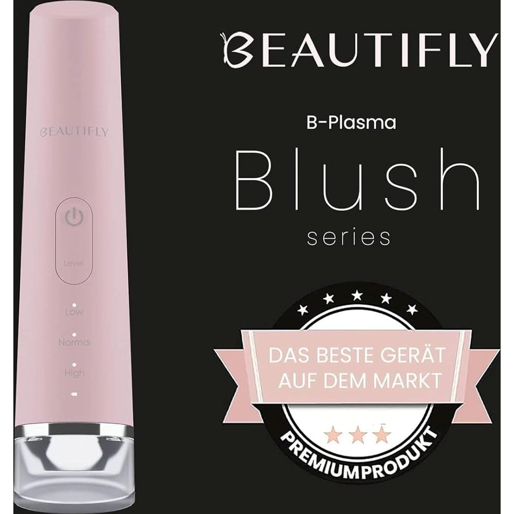 Ein rosafarbener B-Plasma Blush Stift von BEAUTIFLY mit "Premiumprodukt" Siegel.