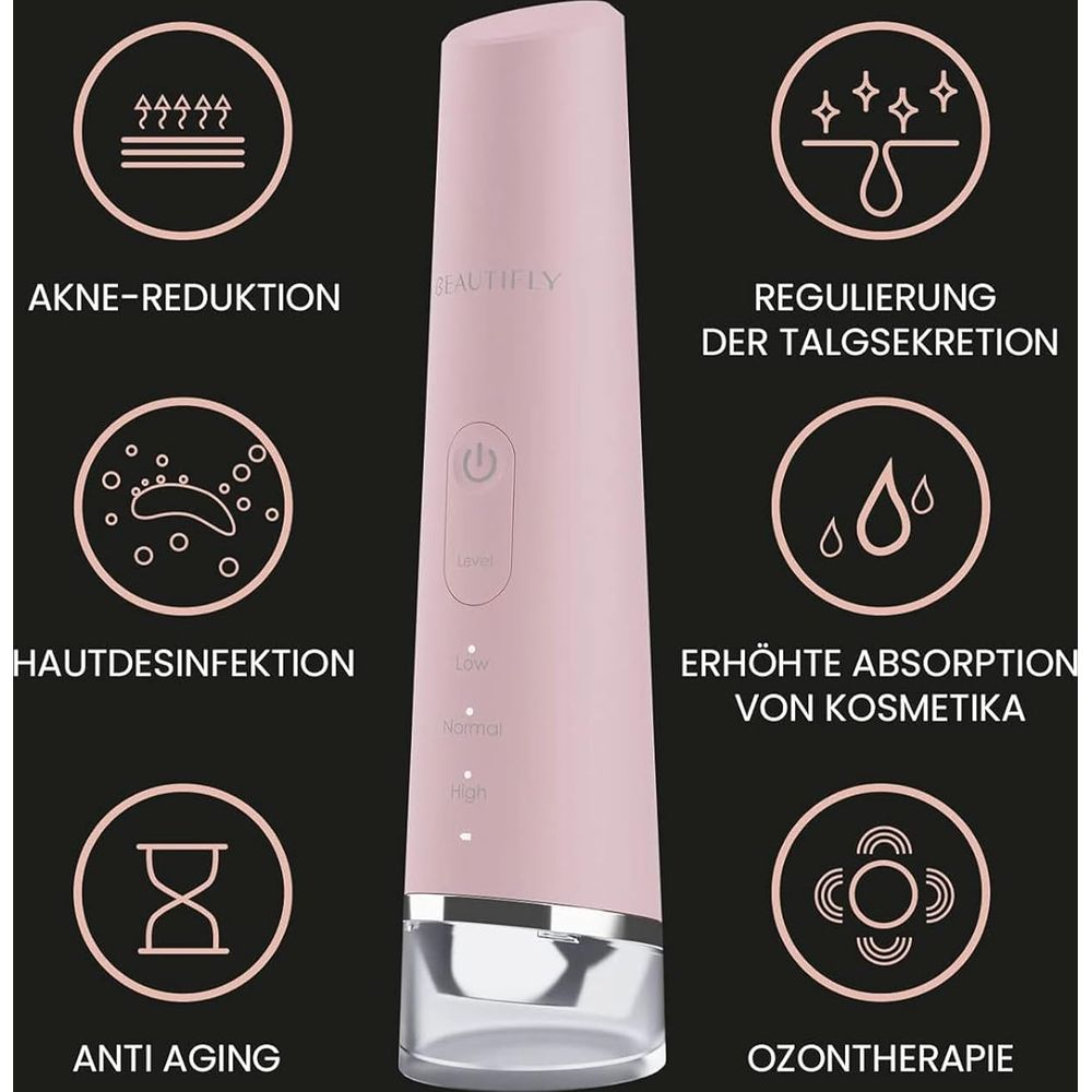 Rosa Hautpflegegerät mit Icons für Akne, Hautdesinfektion, Anti-Aging, Talgregulierung, Kosmetikabsorption, Ozontherapie.