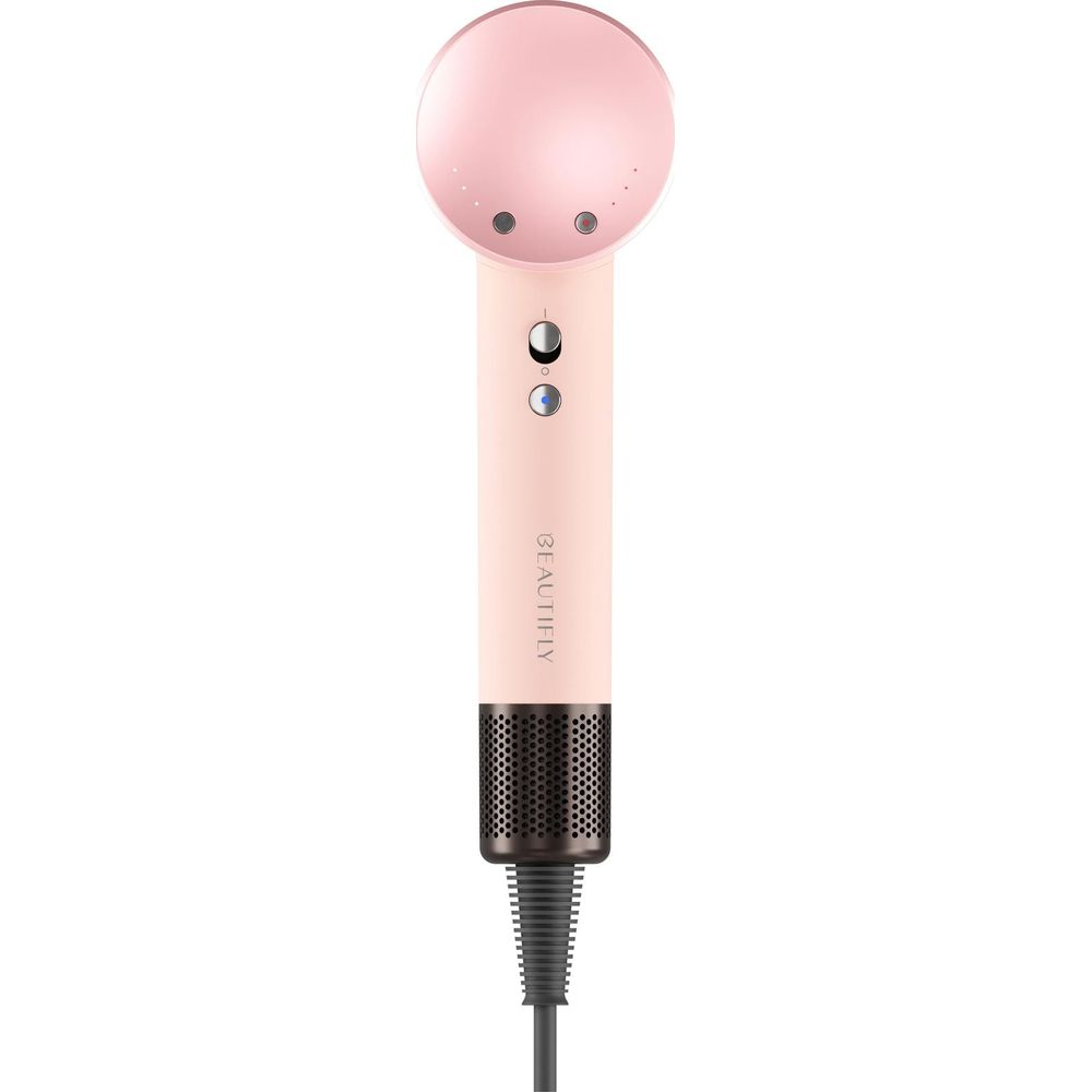 Ein rosa Haartrockner mit einem runden Kopf und einem Griff mit Bedienelementen.