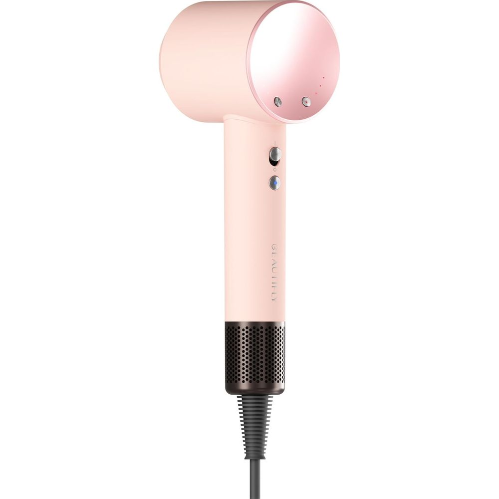Ein rosa Haartrockner mit einem dunklen Gitter am Griff und einem Kabel.