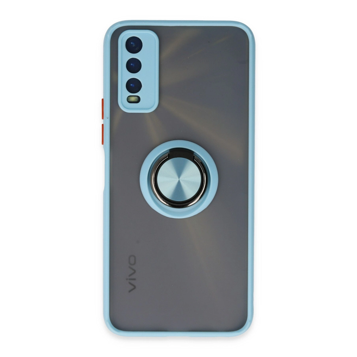 Üç kameralı mavi telefon kılıfının arkası, halka tutuculu.